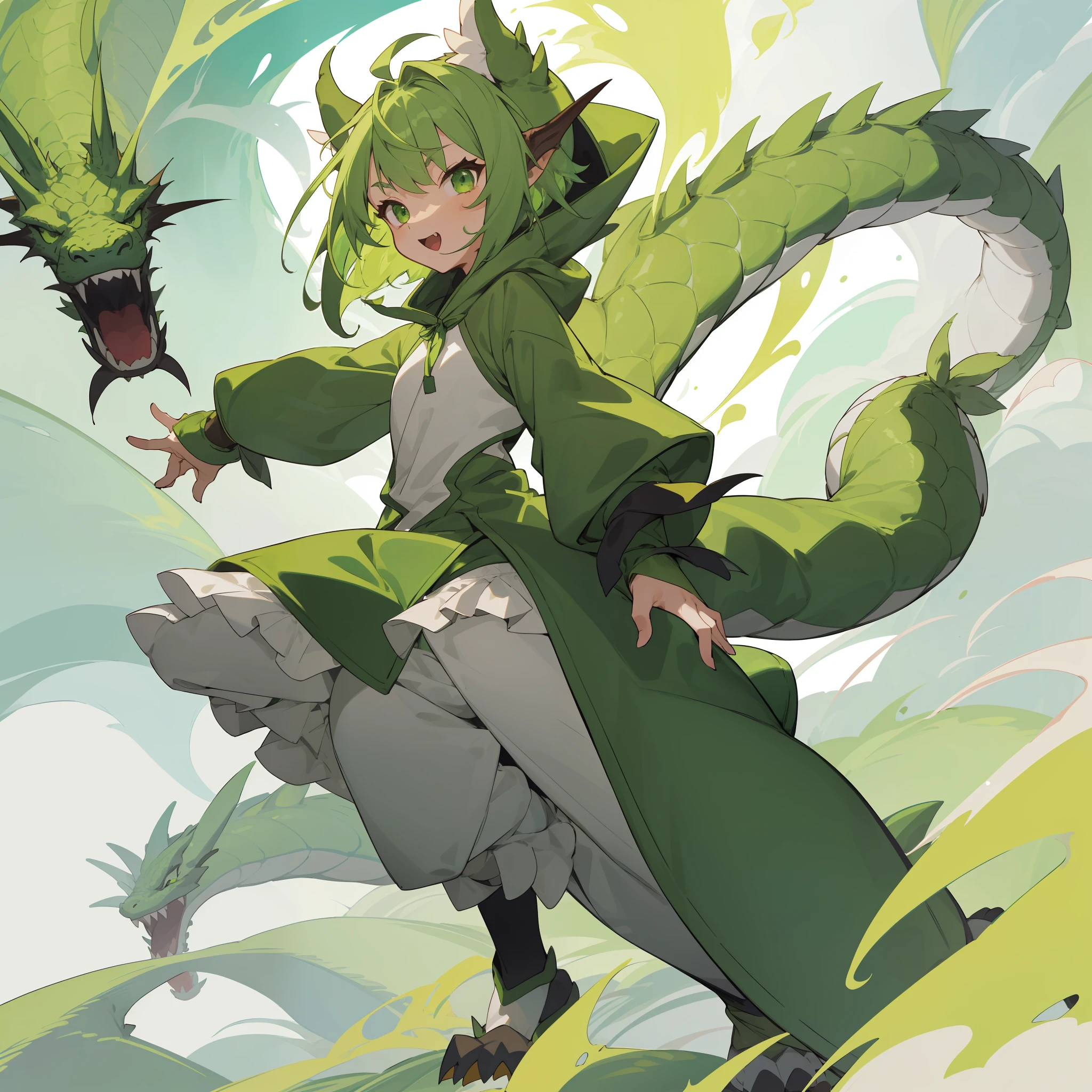 A green-haired 13-year-old little girl wearing a cute green dragon mascot costume, with a dragon hood,in the white room,standing roaring,In a loose and bulging costume,short hair,green hair,cute,There are no dragons just a little girl wearing a green dragon mascot costume,anime full body illustration,design character,