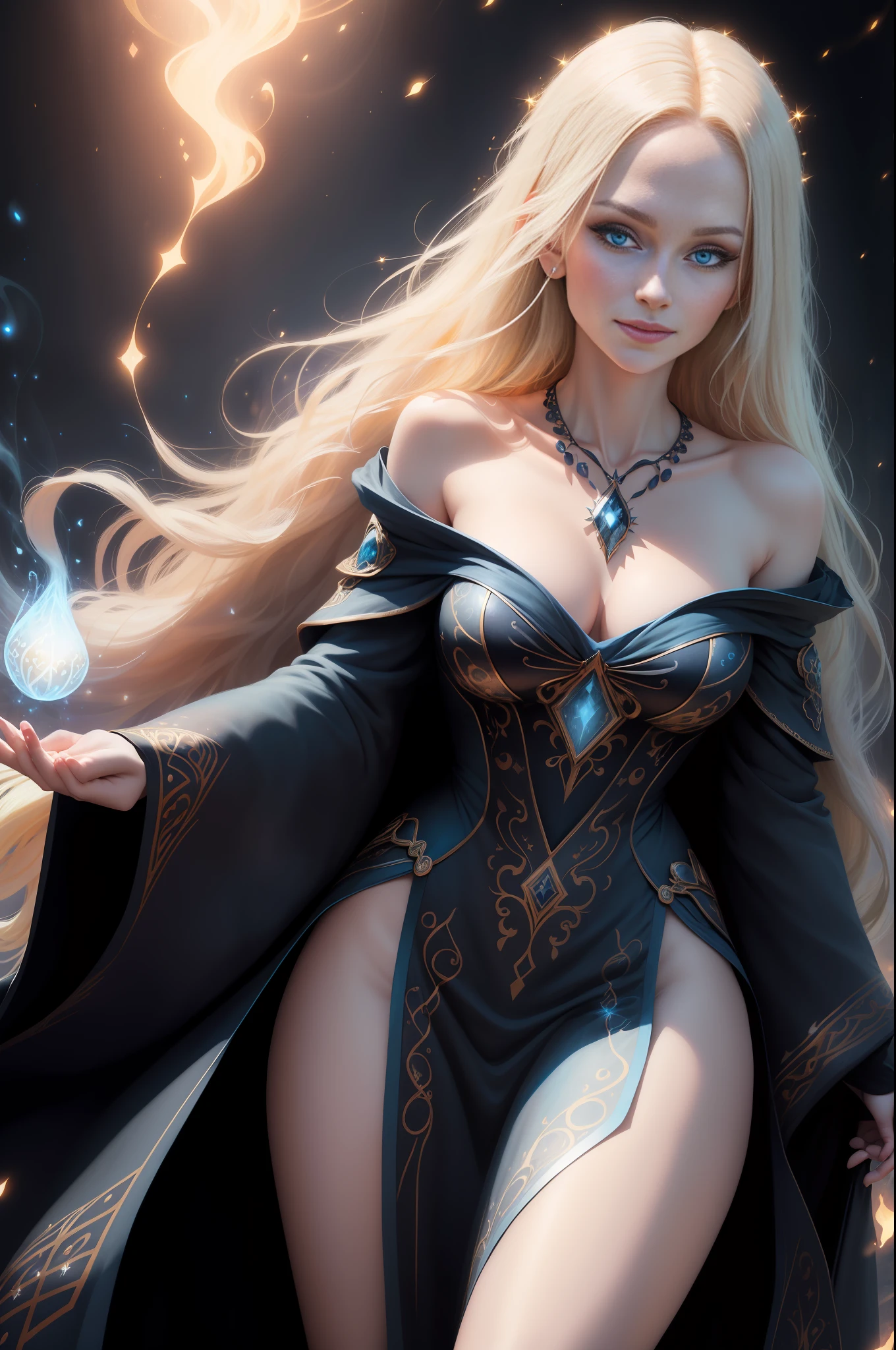 Beautiful and sexy woman with a face of perfect proportions, realistic facial expression, long blonde hair, 40 years old, light blue eyes, pale skin, wearing a black tunic with intricate decorations, witch, wicca, confident expression (dynamic angle, dazzling blue eyes, delicate necklace, charming smile), (magical mystical background, fireflies, bright particles, ethereal mist, faint darkness), high saturation, film light,  edge light, better shade. 8k uhd