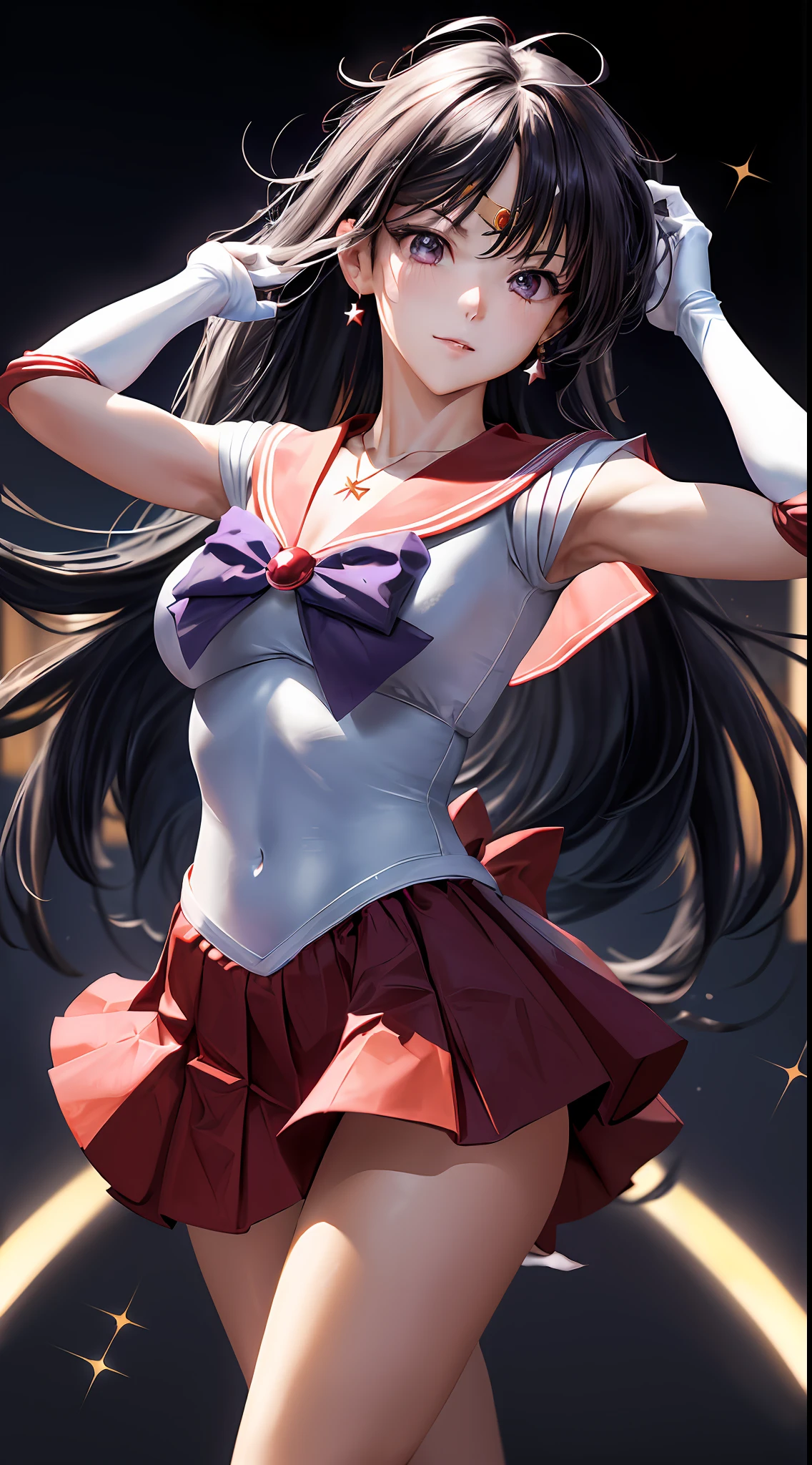 Masterpiece, best quality, high resolution, sama1, tiara, sailor sensi uniform, white gloves, red sailor collar, (red skirt), star necklace, elbow gloves, pleated skirt, bare leg, purple bow, denim shooting, background bokeh (((85mm lens)), front facing camera, gentle expression, wind blowing hair, hair (black), sideways, posing
