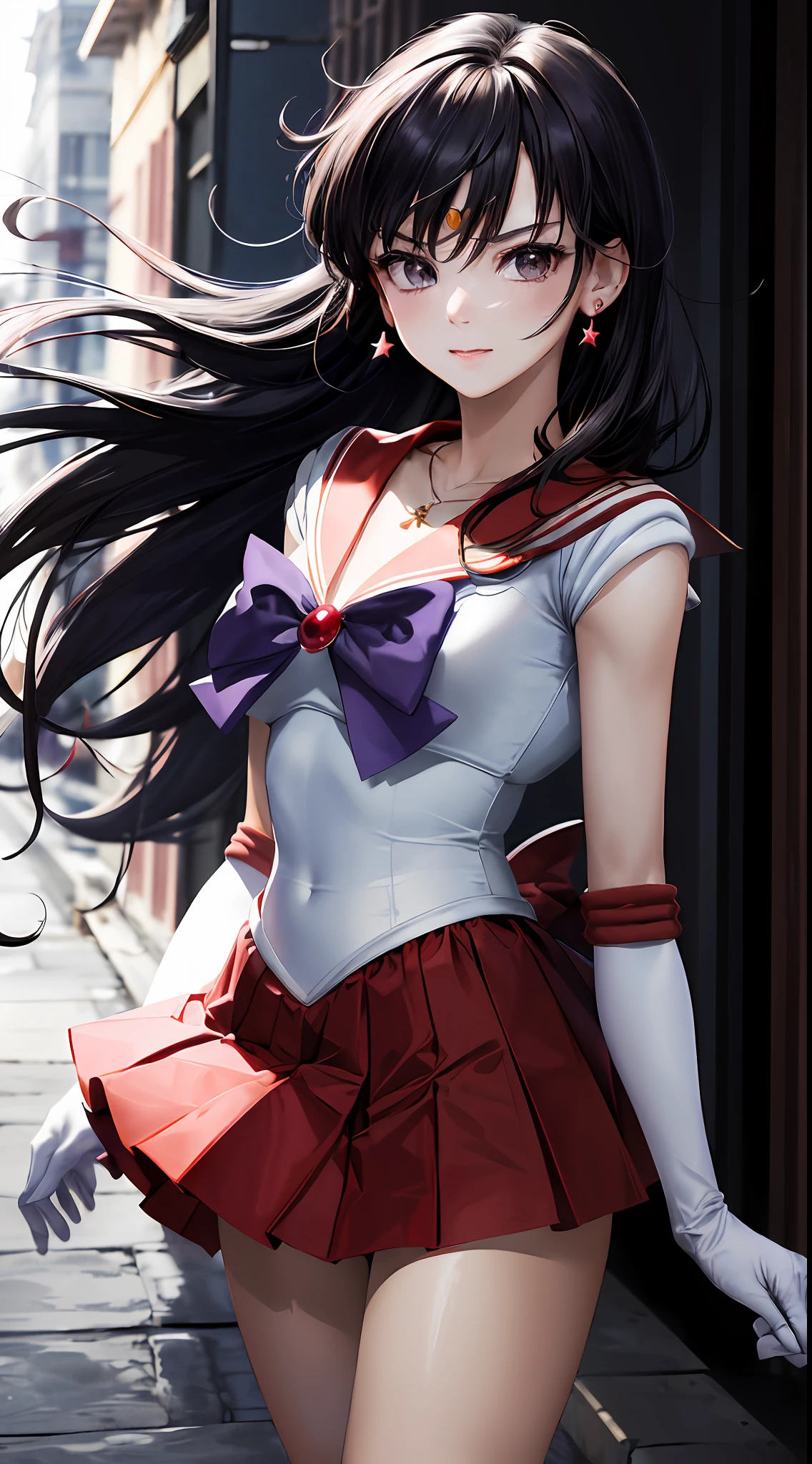 Masterpiece, best quality, high resolution, sama1, tiara, sailor sensi uniform, white gloves, red sailor collar, (red skirt), star necklace, elbow gloves, pleated skirt, bare leg, purple bow, denim shooting, background bokeh (((85mm lens)), front facing camera, gentle expression, wind blowing hair, hair (black), sideways, posing
