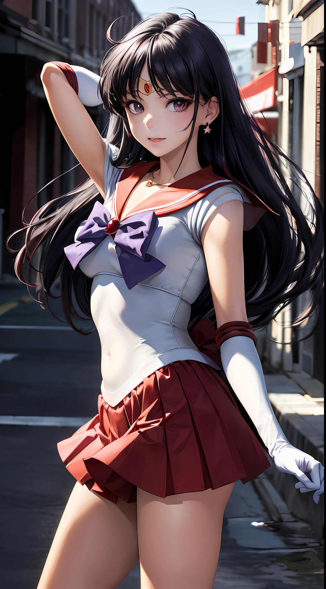 Masterpiece, best quality, high resolution, sama1, tiara, sailor sensi uniform, white gloves, red sailor collar, (red skirt), star necklace, elbow gloves, pleated skirt, bare leg, purple bow, denim shooting, background bokeh (((85mm lens)), front facing camera, gentle expression, wind blowing hair, hair (black), sideways, posing