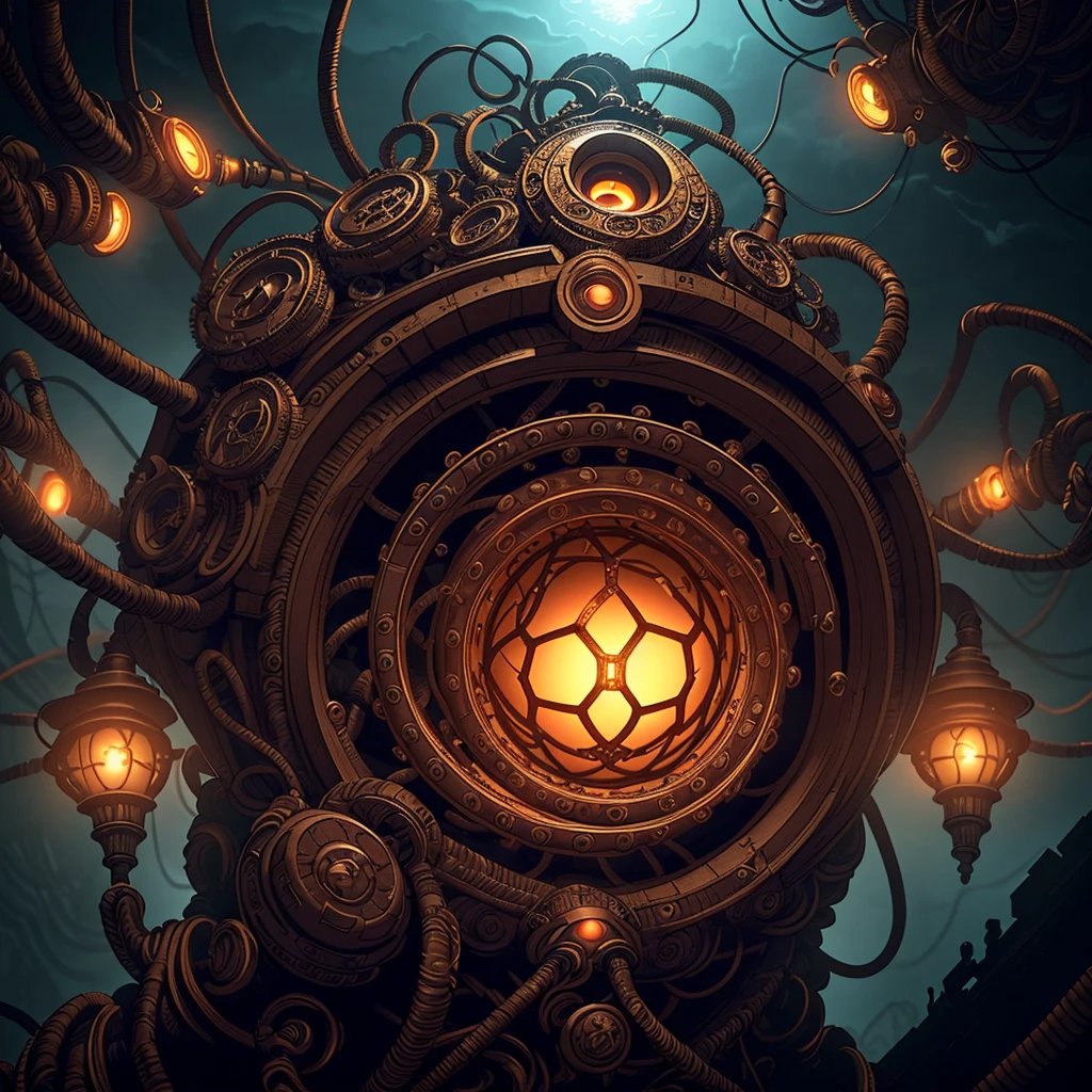 A beholder floating in the foreground, (elaborate and intricate network of cables arcing behind him), dark fantasy, dark atmosphere, atmospheric lighting, cinematic lighting, best angle, ultra-detailed, intricate, angle from below, beholder=1.6