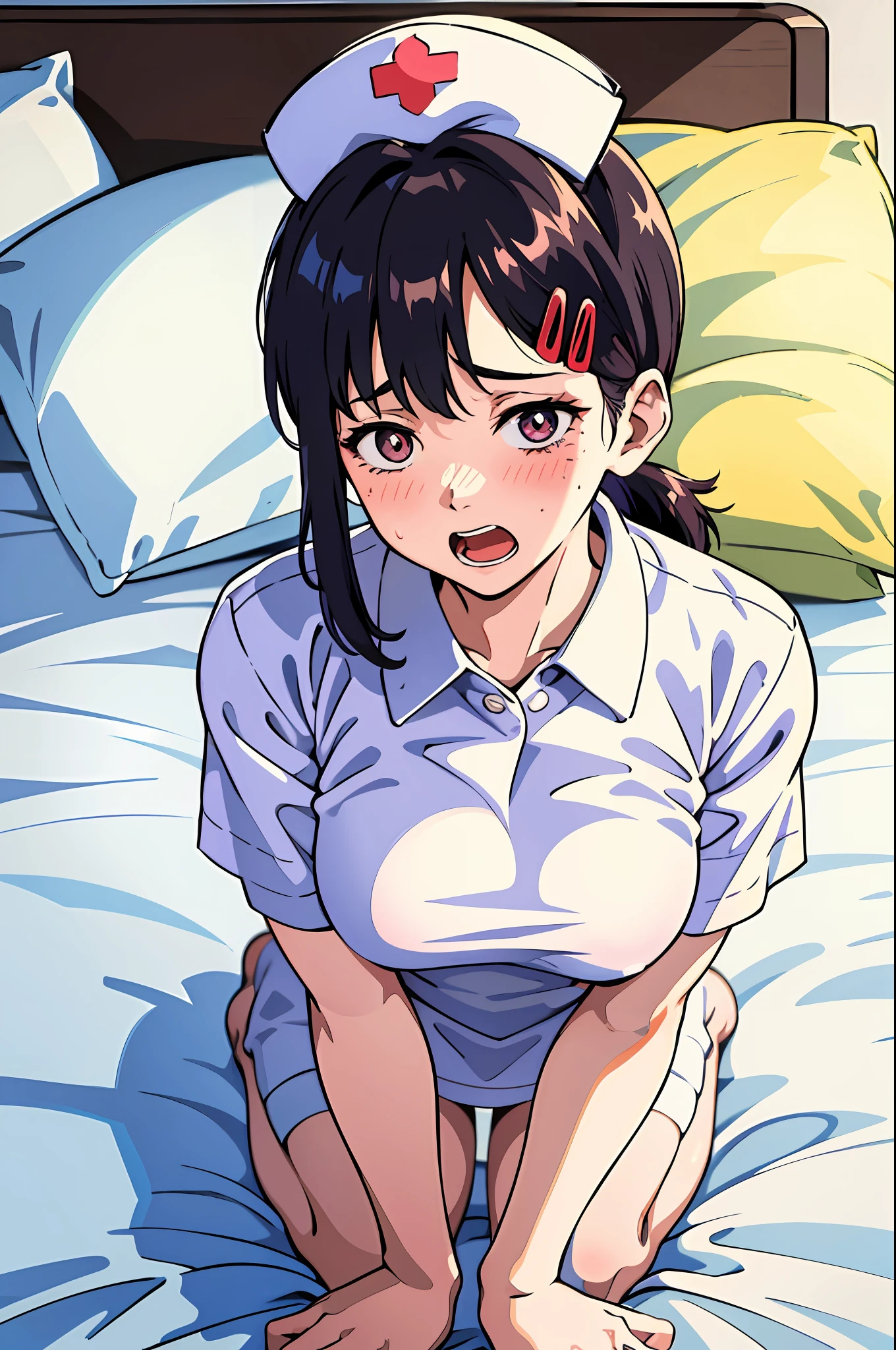 (flat color:0.8),(masterpiece:1,2), best quality, highres, super fine illustration, on bed, from above, front view,
1 girl, white nurse clothes, nurse, nurse hat, blue hair, long hair, all fours, large breasts, blush, embarrassed, open mouth,