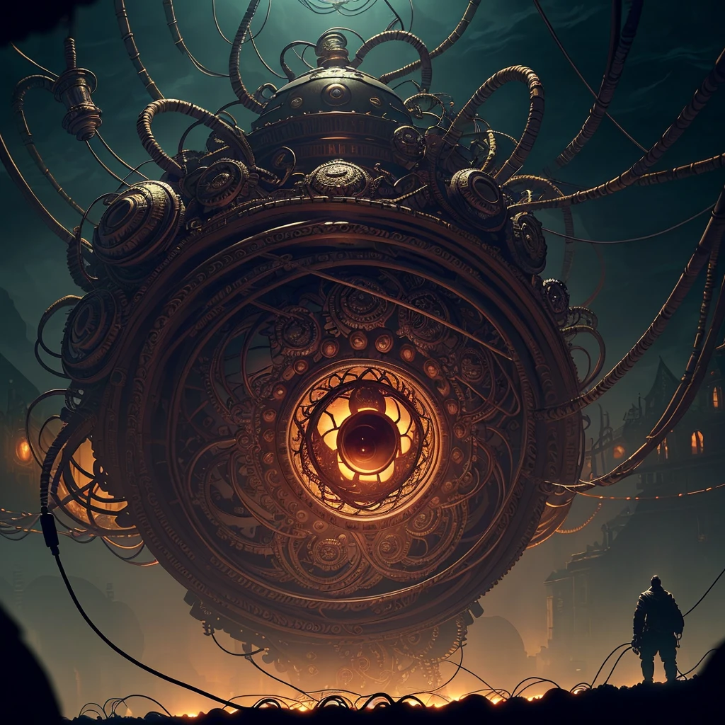 A beholder floating in the foreground, (elaborate and intricate network of cables arcing behind him), dark fantasy, dark atmosphere, atmospheric lighting, cinematic lighting, best angle, ultra-detailed, intricate, angle from behind, beholder=1.6