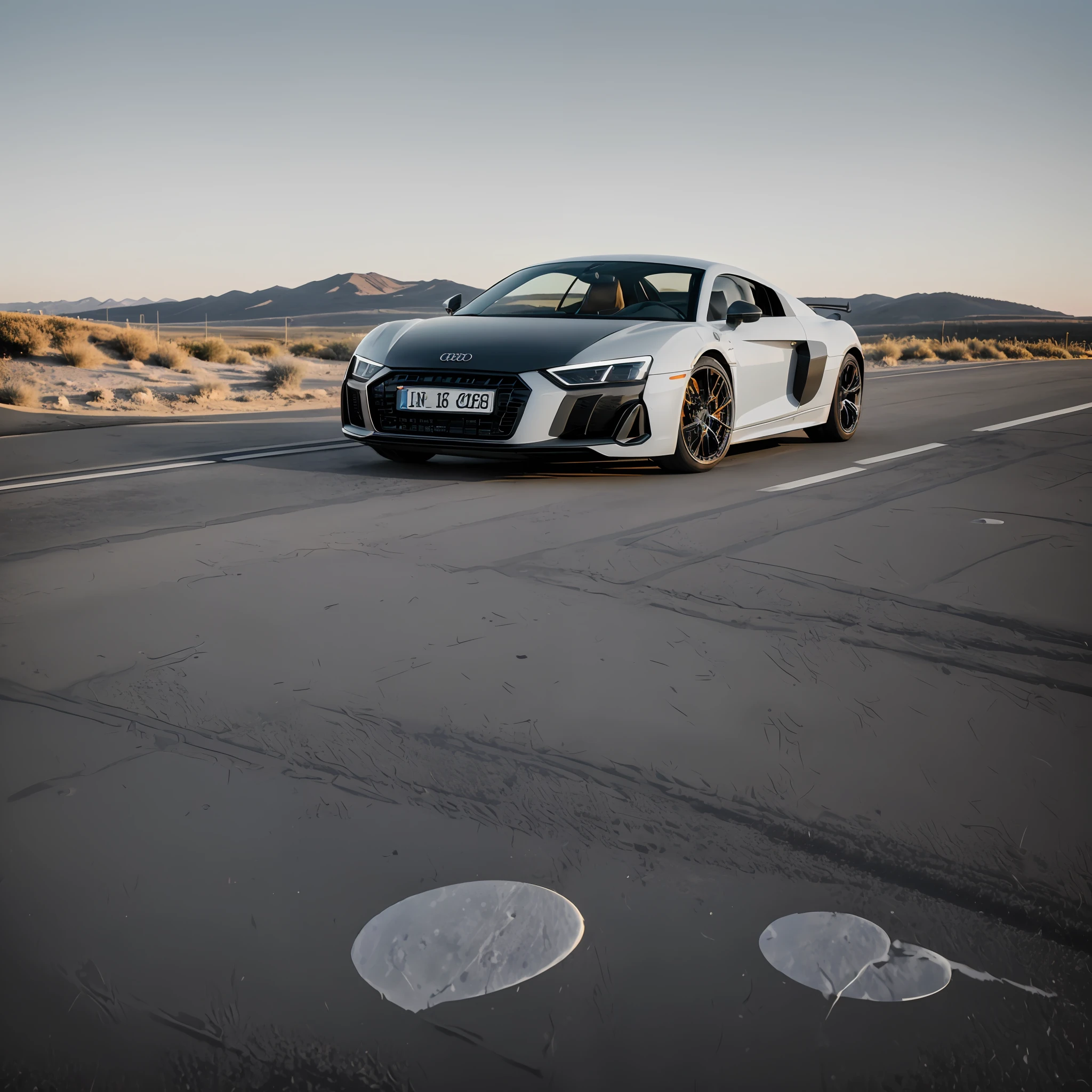 A black 2021 Audi R8 with two white stripes in the middle, photograph taken from afar, whole car, minimalist 5-spoke symmetrical custom wheels, symmetrical, proportional, realistic, realistic car, car, best angle, masterpiece, best quality, ultra-detailed, solo, (night), nature, (stars, moon) smoke, shadows, contrast, clear sky, style, (warm hue, warm tone)