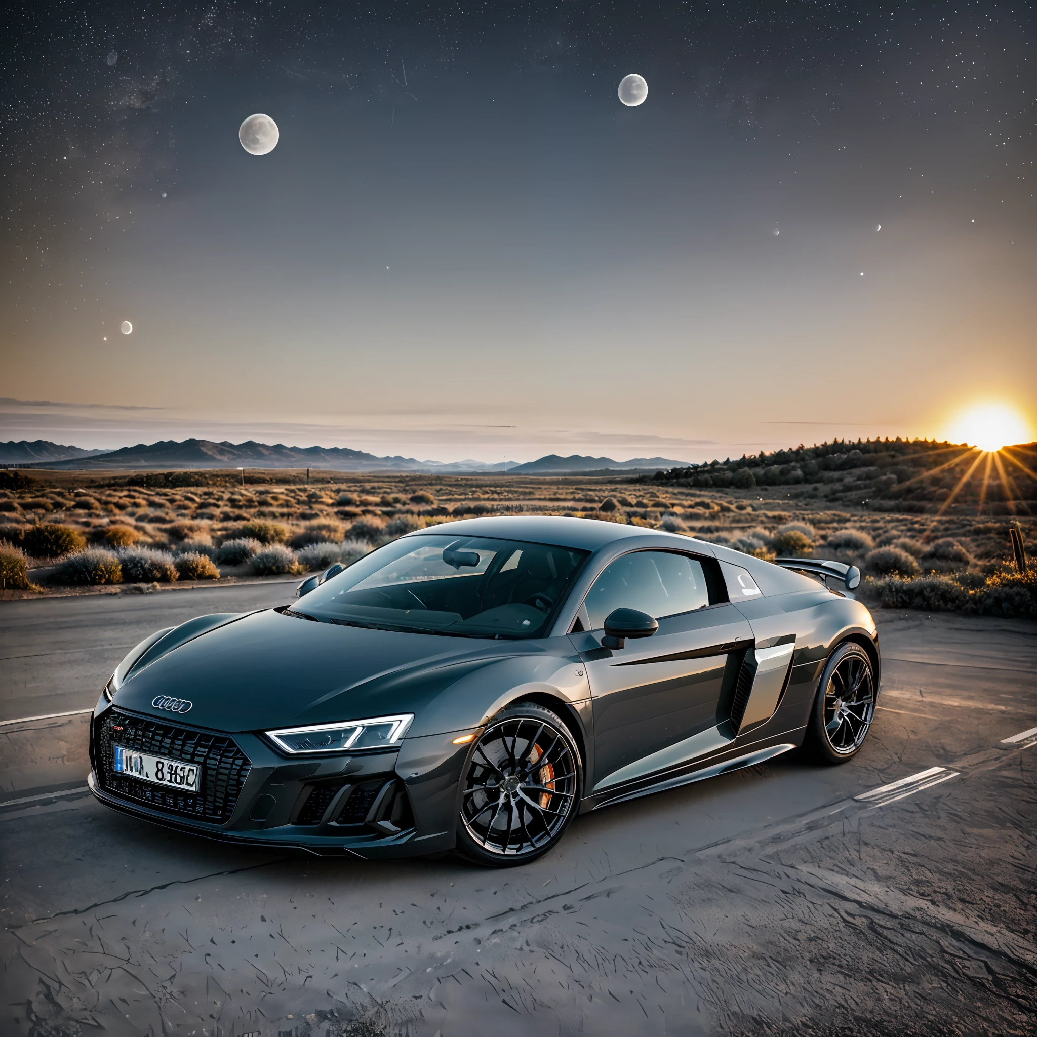 A black 2021 Audi R8 with two white stripes in the middle, photograph taken from afar, whole car, minimalist 5-spoke symmetrical custom wheels, symmetrical, proportional, realistic, realistic car, car, best angle, masterpiece, best quality, ultra-detailed, solo, (night), nature, (stars, moon) smoke, shadows, contrast, clear sky, style, (warm hue, warm tone) (super realistic) (super detailed) HDR quality