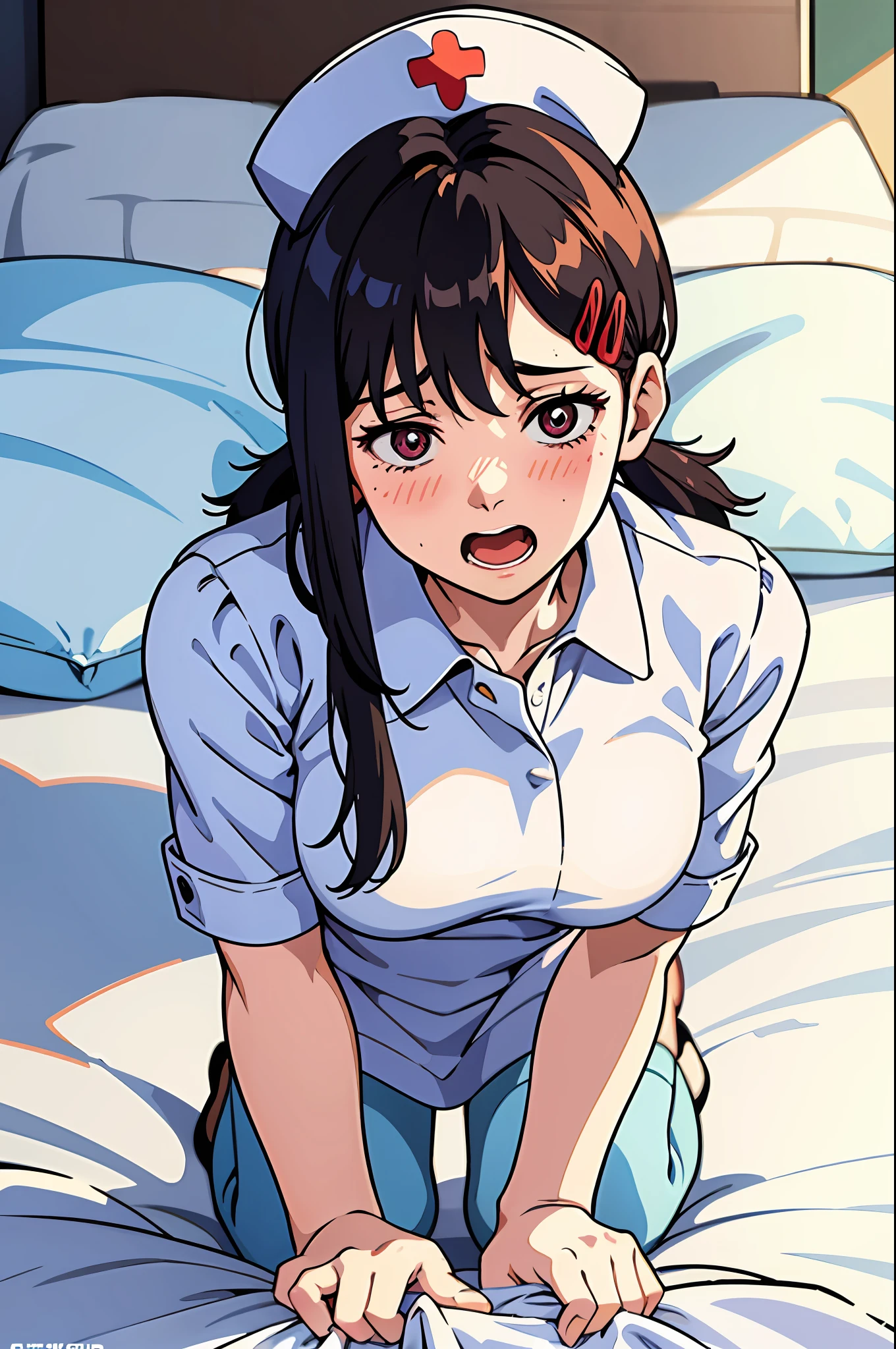 (flat color:0.8),(masterpiece:1,2), best quality, highres, super fine illustration, on bed, from above, front view,
1 girl, white nurse clothes, nurse, nurse hat, blue hair, long hair, all fours, large breasts, blush, embarrassed, open mouth,