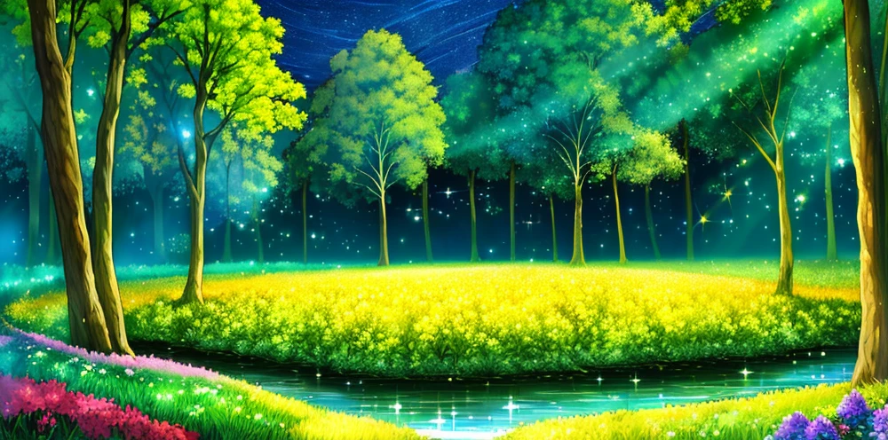 (masterpiece, best quality, shadowing), nature, detailed forest, blue trees, yellow trees, shimmering trees, glowing trees, fireflies, crystal trees, sparkling trees river, rocky slope, flower field, night life, nighttime, pitch black, dim light, moonlight, aurora