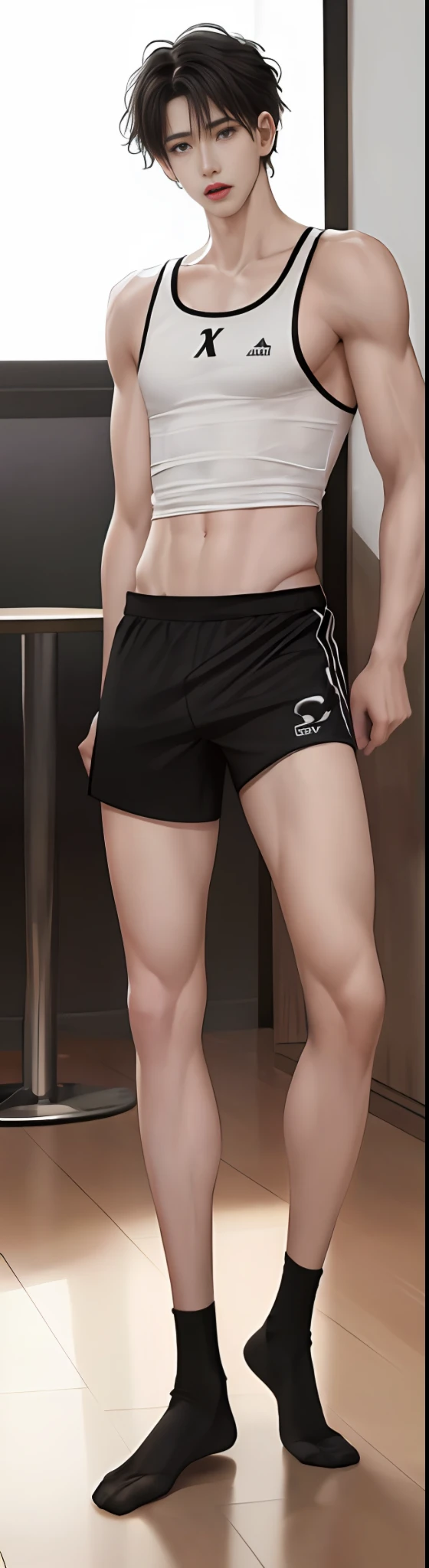 In the bar, high-looking handsome boy whole body shot, 2boy, delicate light and shadow, indoors, white skin, super long  shoulders, muscular veins, slender feet, black basketball socks design, no shoes, sports vest, solo x1.5, poor expression, Cai Xukun, only draw the necessary body parts, 290cm height: 1.2, proportionally larger legs, fitness movements, full body shot.