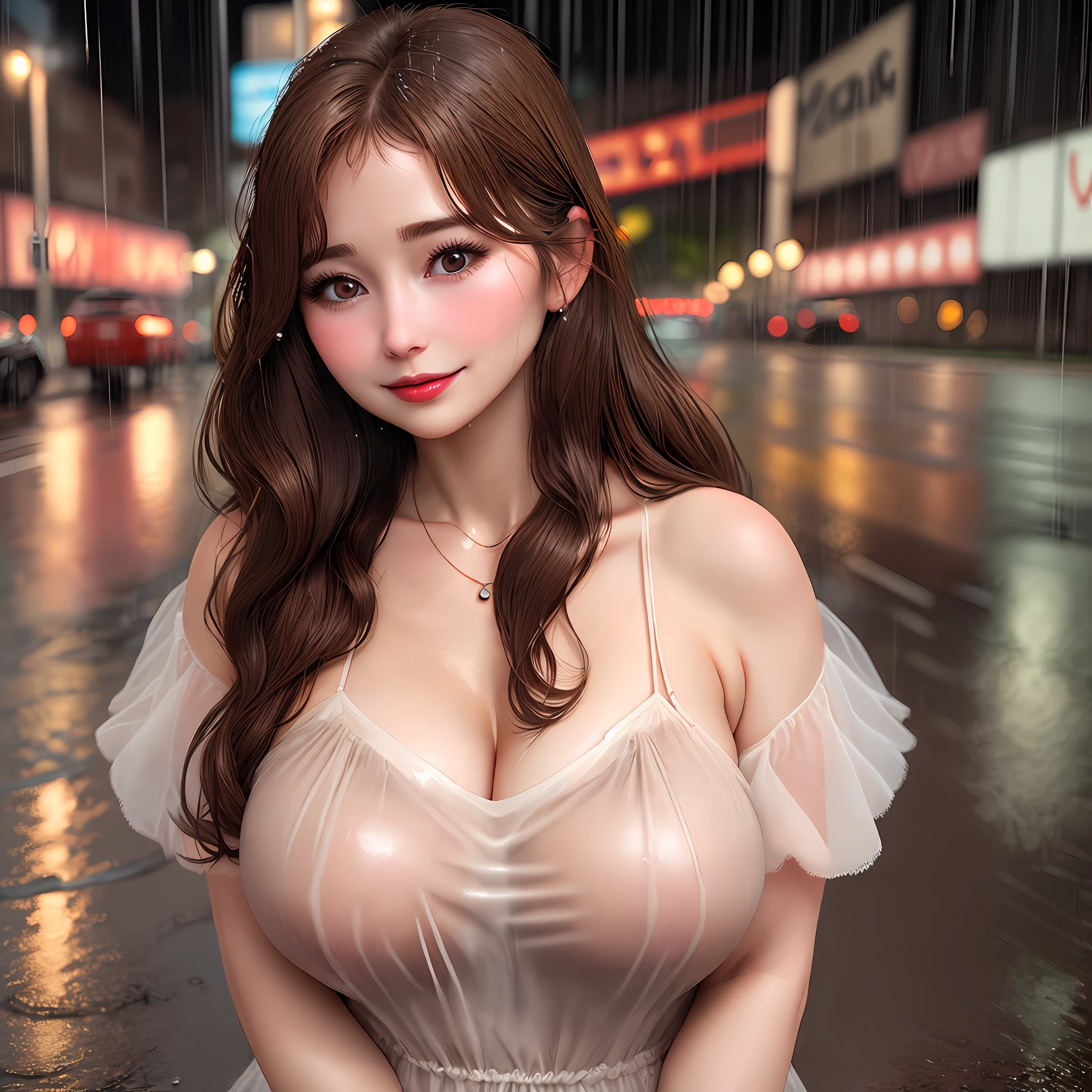Brown hair, wet in the rain, standing on the street, super big breasts, open-chest outfit, long eyelashes, lip gloss, slip dress, necklace, , excellent ,,, big breasts without smiling