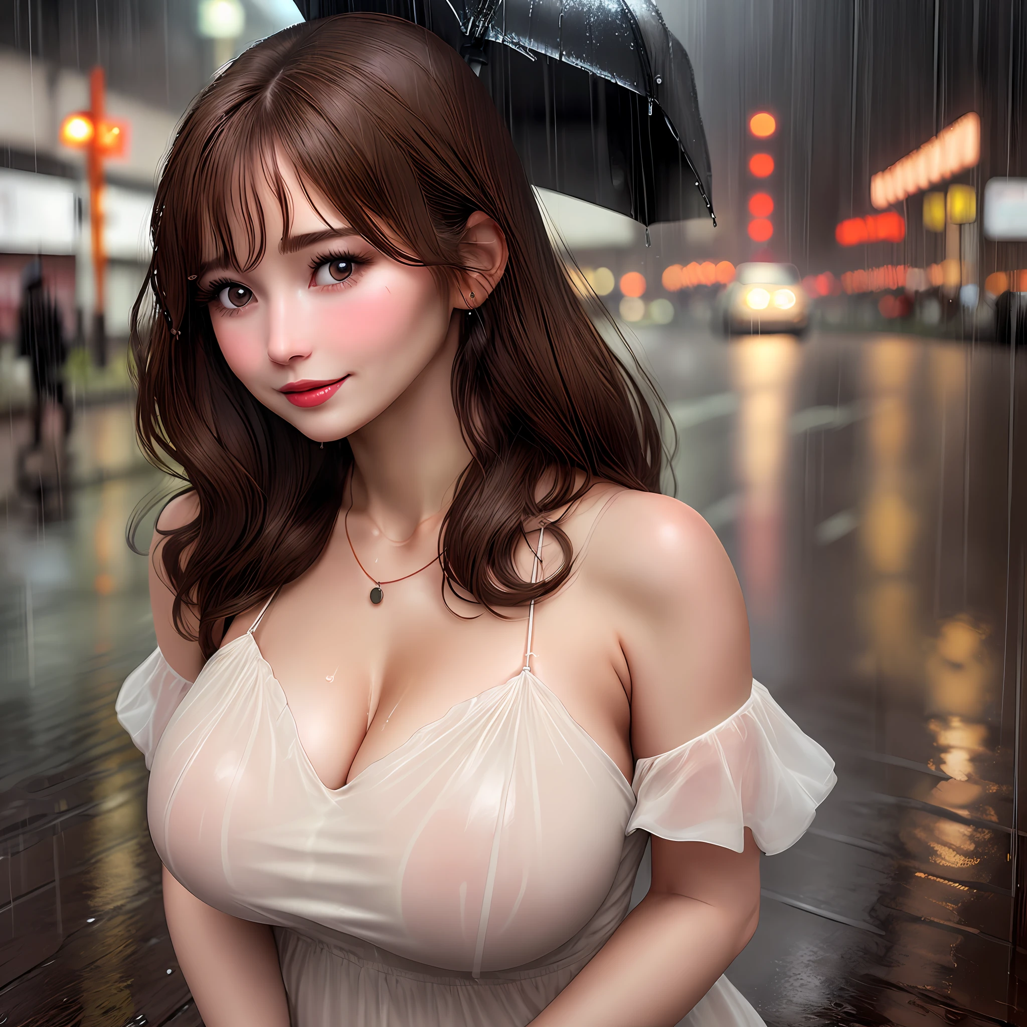 Brown hair, wet in the rain, standing on the street, super big breasts, open-chest outfit, long eyelashes, lip gloss, slip dress, necklace, , excellent ,,, big breasts without smiling