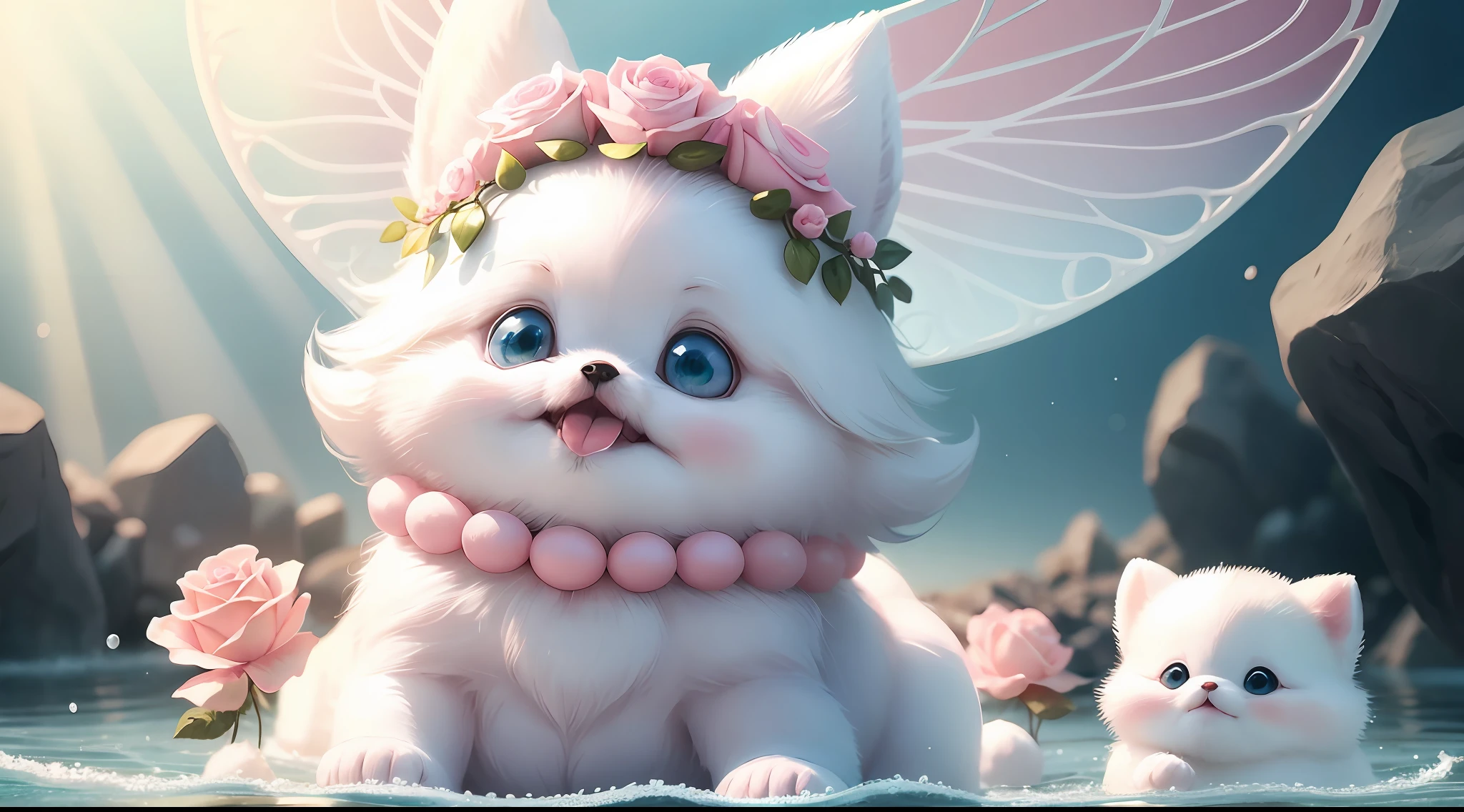 Cute baby Pixar style round white pink Pomeranian baby, little one, with cute ears, happy laughter, blue water spirit big eyes, with light green fairy color rose sea, pink background, sunlight down, fairy tale world, HD Dinis, super detail, wearing a beautiful garland