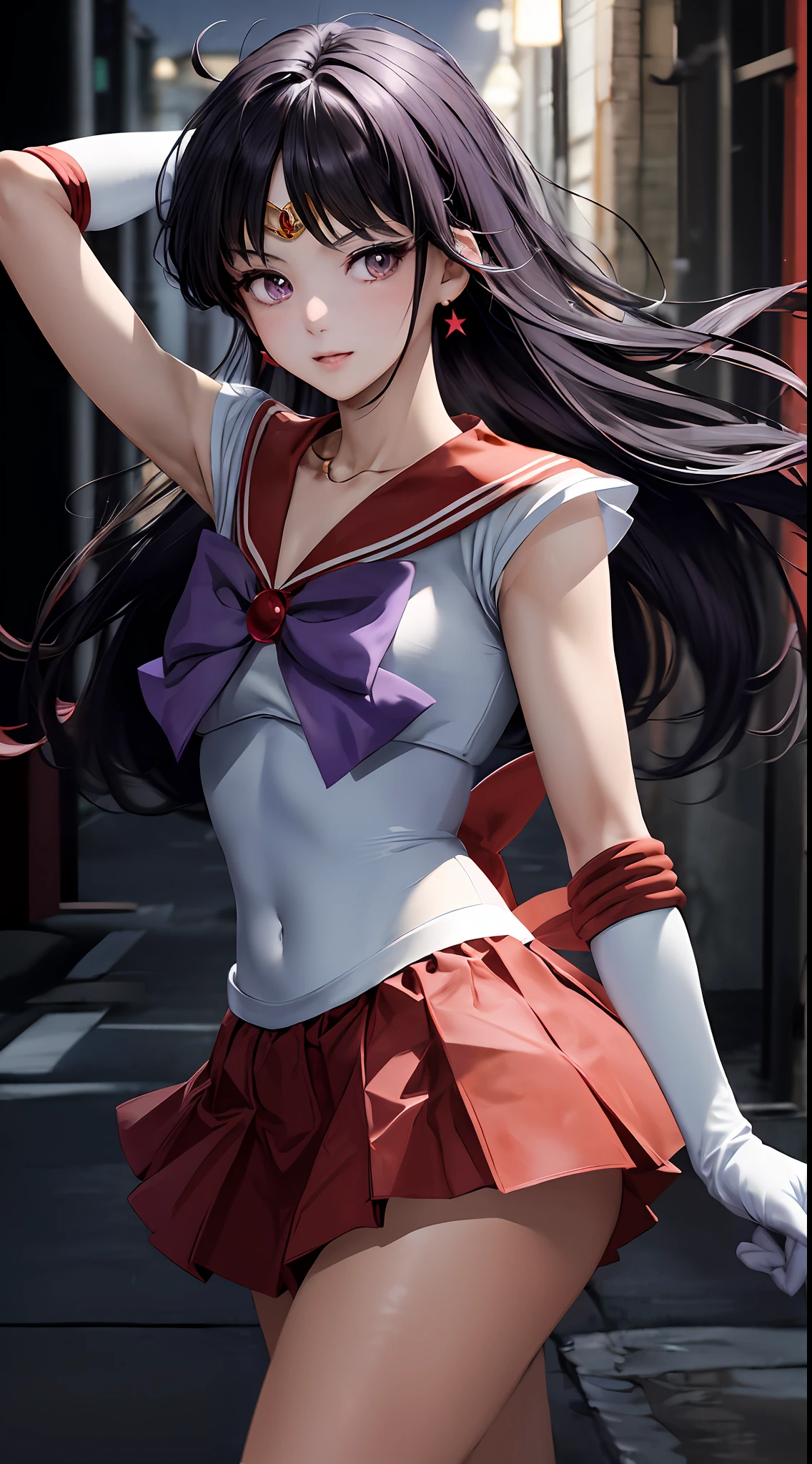 Masterpiece, best quality, high resolution, sama1, tiara, sailor sensi uniform, white gloves, red sailor collar, (red skirt), star necklace, elbow gloves, pleated skirt, bare legs, purple bow, denim shooting, background bokeh (((85mm lens))), front facing camera, gentle expression, wind blowing hair, hair (black), turn, turn back, pose