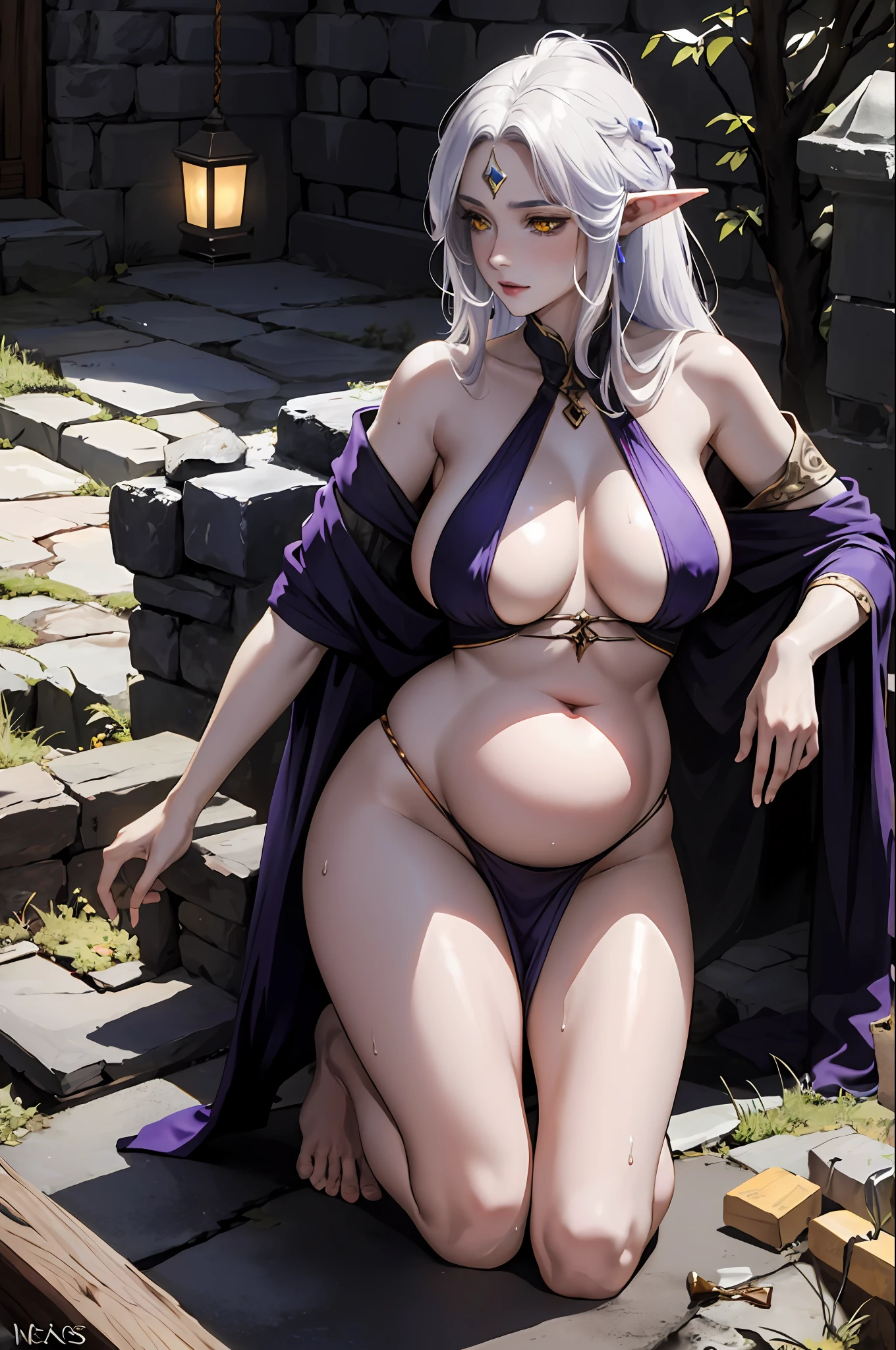 A tall and beautiful elven woman, plump body, big breasts, pale yellow glowing eyes, cold expression, proud posture, straight chest, dark skin, dark facial tattoos, purple tied hair, exposed chest, exposed shoulders, exposed belly button, exposed thighs, kneeling on the ground, pregnant, looking up at the camera, wet body, in a medieval inn.