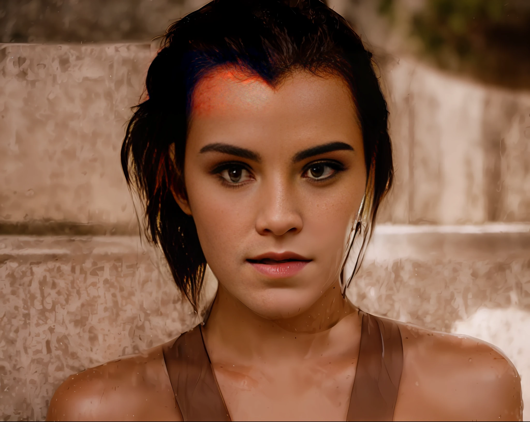 Emma Watson posing for a picture side of pool, seductive stare, smokey eye shadow, fierce - looking, watery red eyes, Wet hair, hair pulled back, water, very realistic film still, movie still, cinematic film still, movie screencap, cinematic still, hyper realistic movie film still,still frame from a movie, professional lighting, professional makeup, intricate, bright soft diffused light, detailed skin, detailed hair, realistic skin texture, pores, texture, detailed eyes, professional, 4k, shot on Canon, 85mm, shallow depth of field, max detail, roughness, real life, ultra realistic, photorealism, photography, glamour, natural