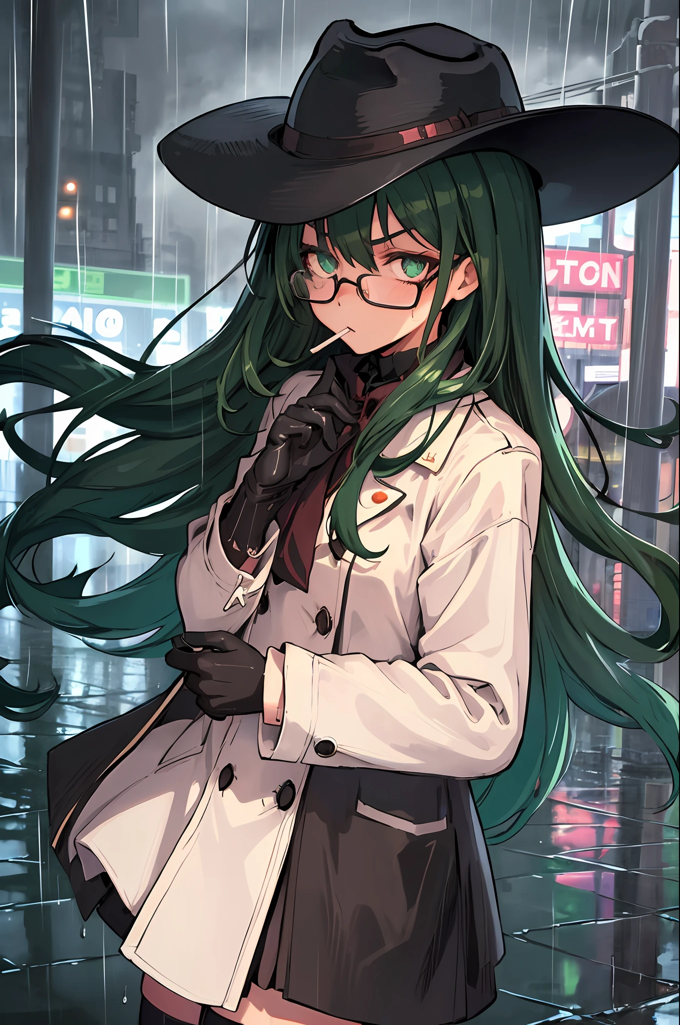 (best quality, masterpiece) 1girl, overcoat, rain, mature, puddles, city streets, dim neon signboards, fedora, night, rain droplets, long sleeve gloves, stockings, rim glasses, detailed eyes, dark hair, cowboy shot, cigarette, green hair, expressionless, 30 years old, cold, serious