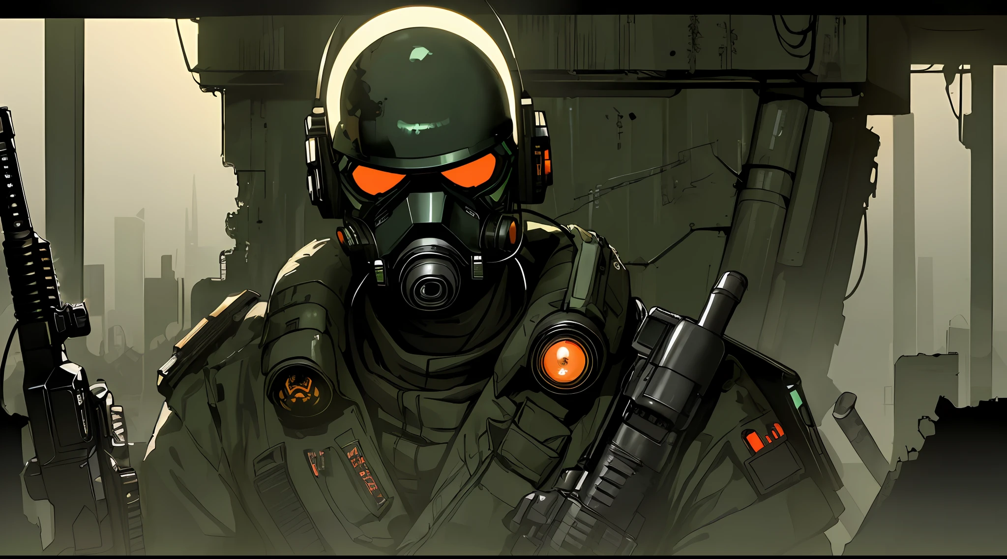 (Ultra detailed), (masterpiece), (best quality), (very detailed CG unit 8k wallpaper), ((a sci-fi bounty hunter)) with an assault rifle, ((with sci-fi mask)), in an abandoned city in ruins, ruins, radioactivity, polluted air, rooting, infestation, spores, fungi, (((upper body))), male anatomy, dim light, soft light, concept art, dimly lit, scifi accessories, cinematic, highly detailed, stylized wallpaper.