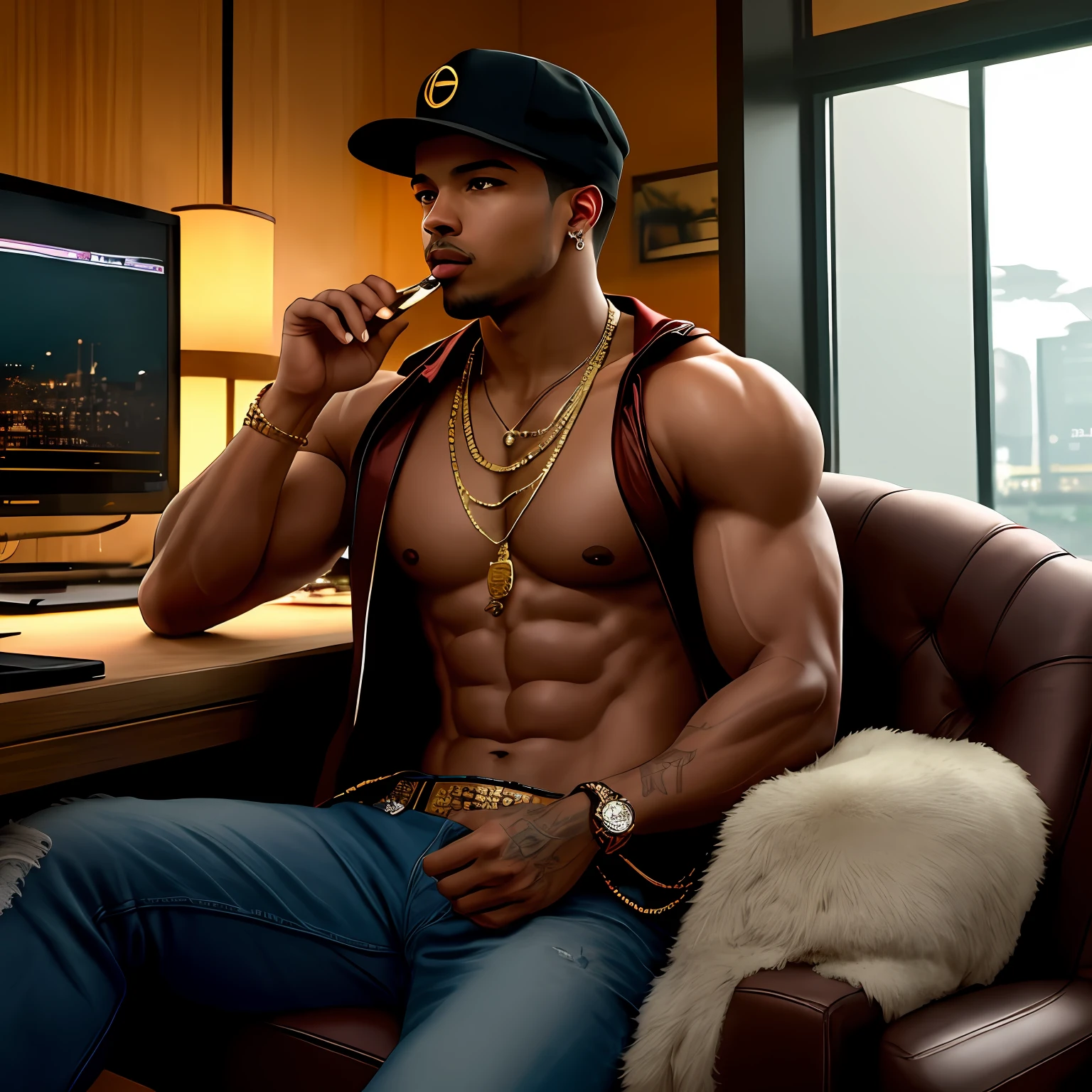 a man wearing cap and gold necklaces smoking cigars cohiba, yakuza, orange supersport car in background, realistic, 8k, high quality Michael B Jordan styled Taylor Lautner sitting in a gaming chair looking at his pc