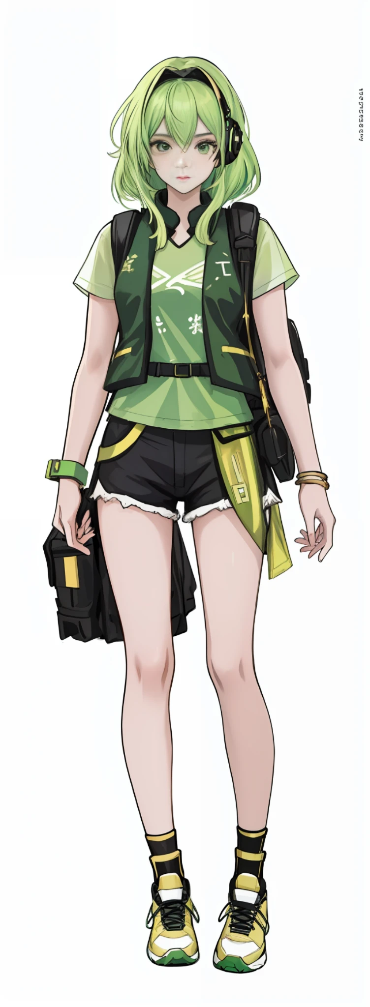 girl, vertical painting, natural light, global light, front view, fashion, gold dragon pattern, pattern, clothing, headset, sophisticated, generate more details, light green hair, dark green vest, light green t-shirt, black shorts, sneakers, black backpack, modern, anime style, anime, modern, futuristic, first-person perspective, panorama, concept art, uhd, masterpiece, ccurate, textured skin, super detail, high detail, high detail, high quality, best quality, high resolution, no background, white background
