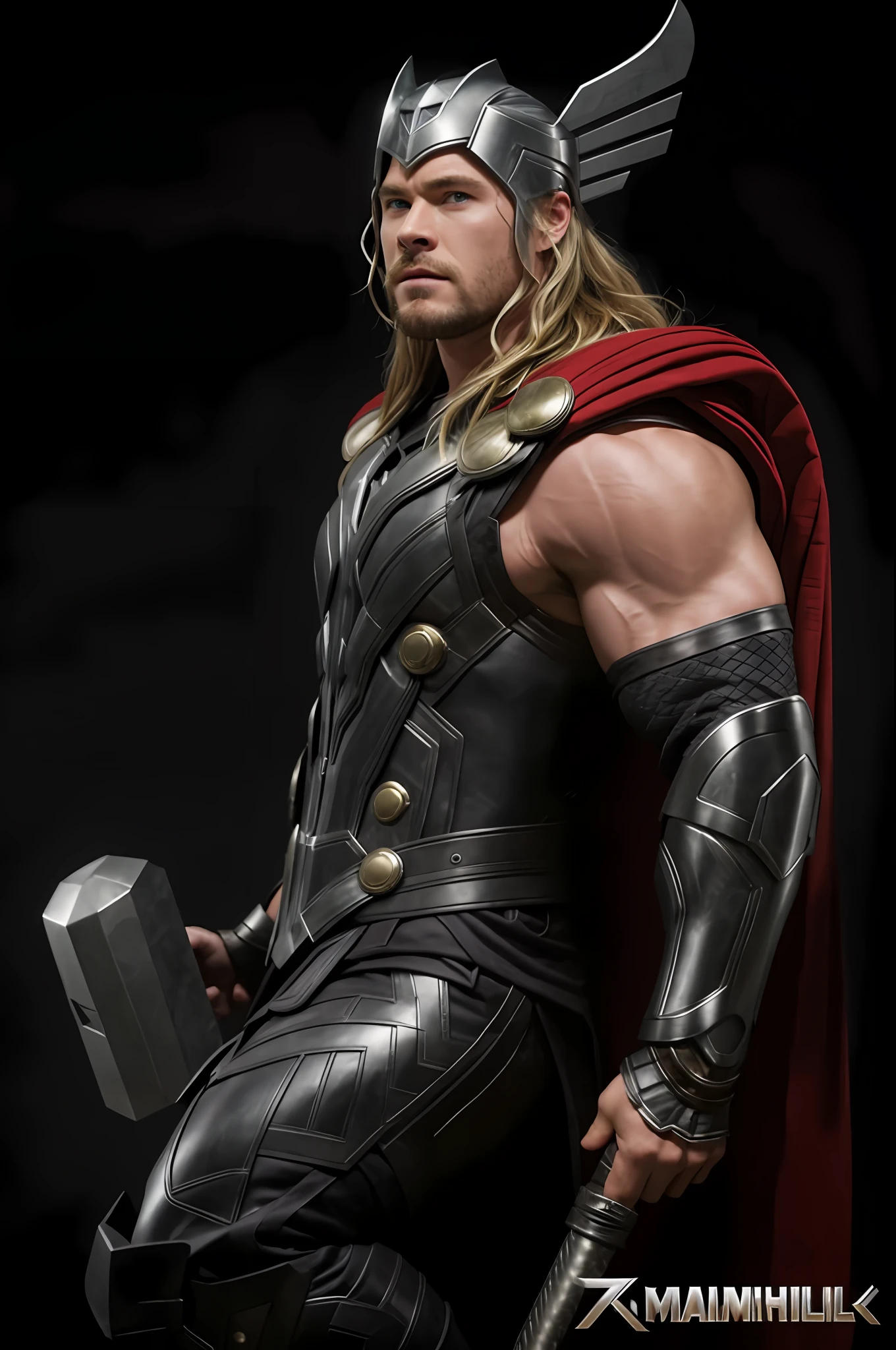 Chris Hemsworth, Thor, metallic armor, holding the mjolnir, dark environment