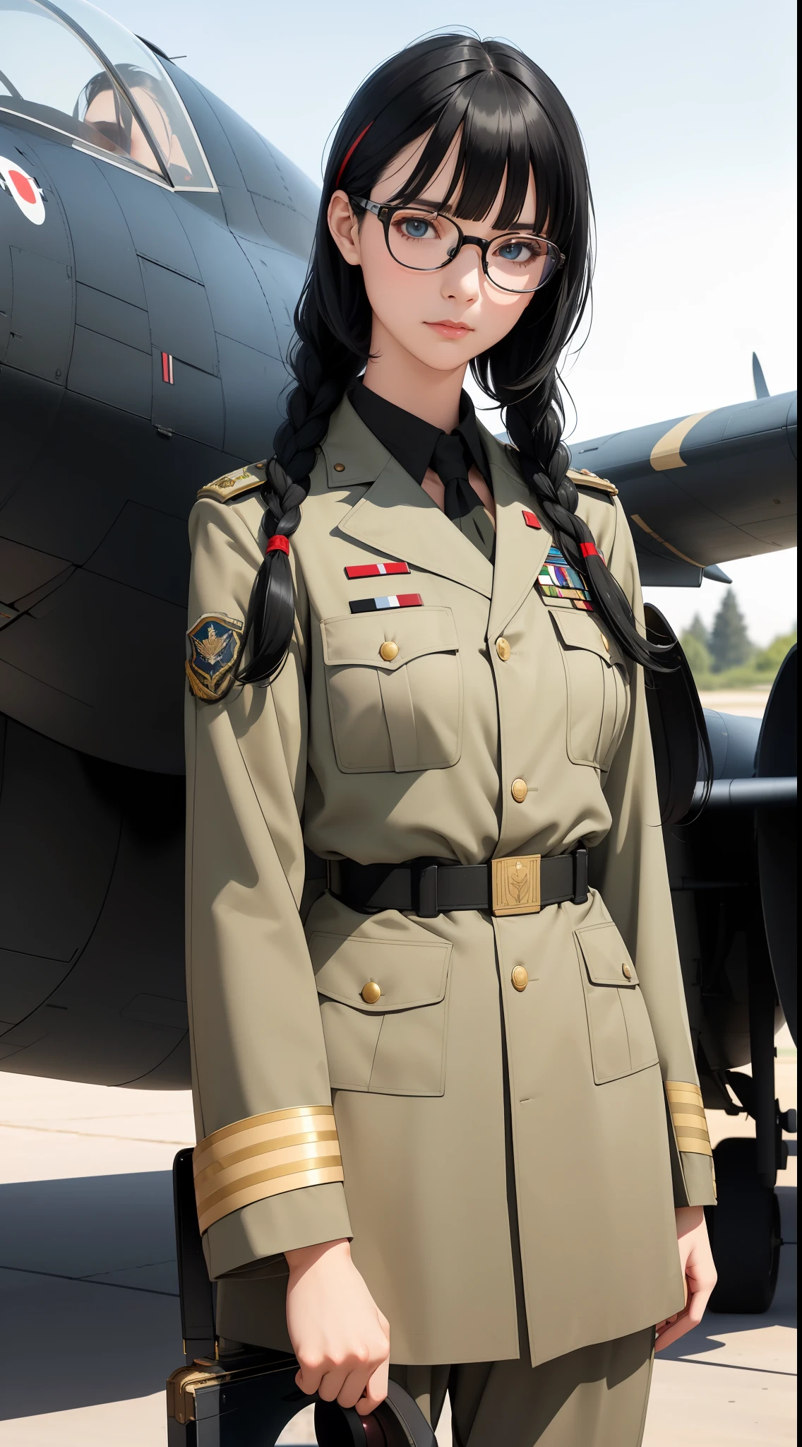 Modest outfit, remote shot, detailed beautiful delicate face, detailed beautiful delicate eyes, perfect facial proportions, high-definition skin, fine skin, four-inch best ratio. With one thumb, a masterpiece, highly detailed, realistic, (World War II German general uniform reference : 1.8), the highest face resolution, adult, modestly dressed woman, dressed entirely, ( small, black hair, black straight bangs, super fine braids, straight bangs, red glasses, dark green eyes), future, science fiction, fighter plane, standing On the landing of a fighter plane, the government agency, a deep intelligent personality, a calm expression, a respectful face, a war, a fighter plane