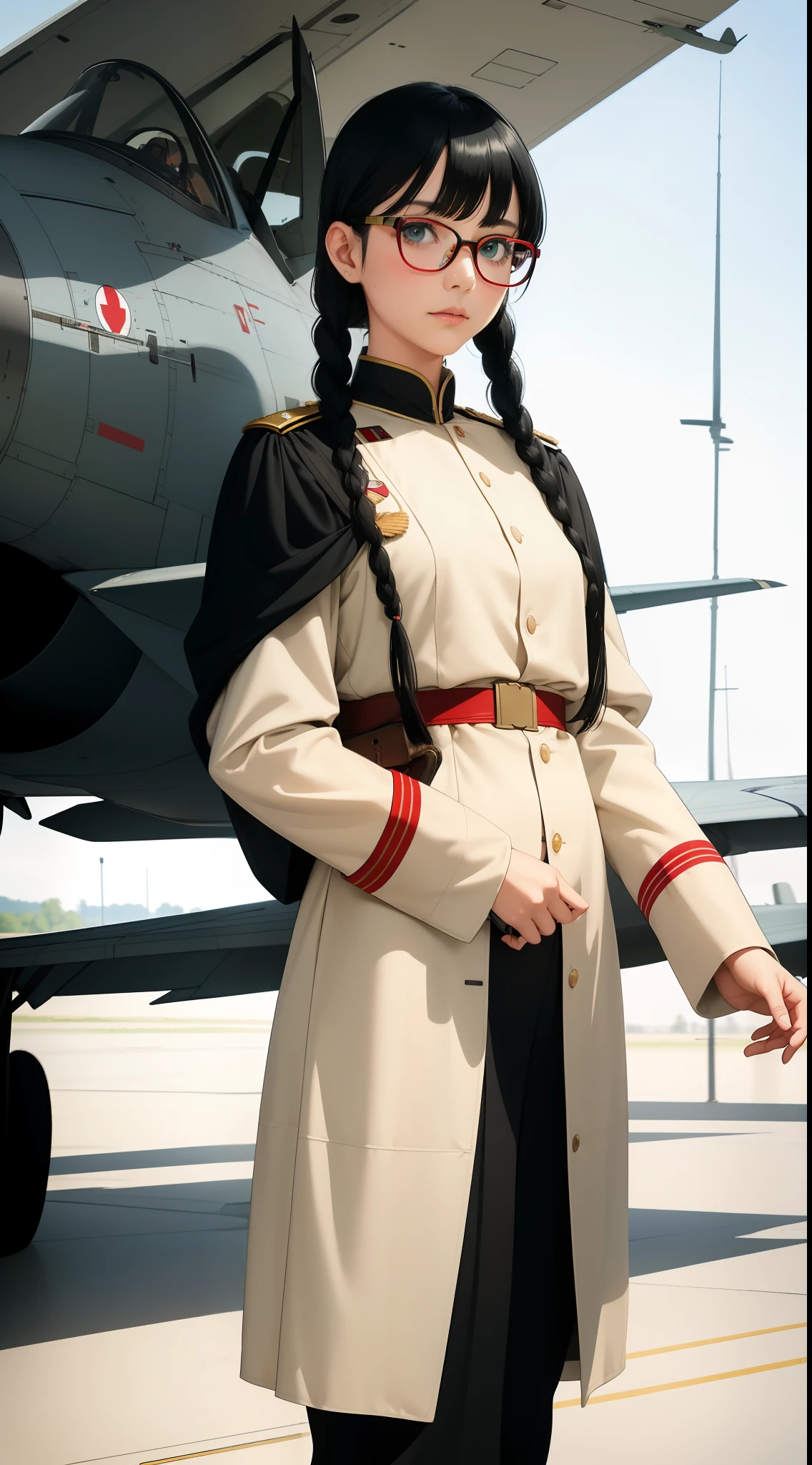Modest outfit, remote shot, detailed beautiful delicate face, detailed beautiful delicate eyes, perfect facial proportions, high-definition skin, fine skin, four-inch best ratio. With one thumb, a masterpiece, highly detailed, realistic, (World War II German general uniform reference : 1.8), the highest face resolution, adult, modestly dressed woman, dressed entirely, ( small, black hair, black straight bangs, super fine braids, straight bangs, red glasses, dark green eyes), future, science fiction, fighter plane, standing On the landing of a fighter plane, the government agency, a deep intelligent personality, a calm expression, a respectful face, a war, a fighter plane