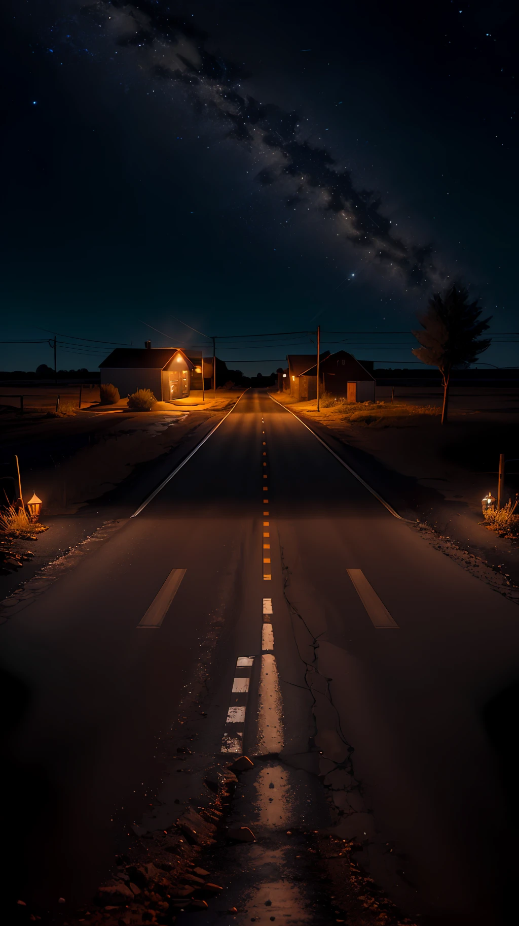 Rural dirt road, crossroads, empty street, a lit candle, night, 0h, cozy, little deluded, intricate, hyperdetailed, realistic, ultrarealistic, high quality, best, ultra detail, crazy detail, extremely detailed, photo realism, 8k uhd