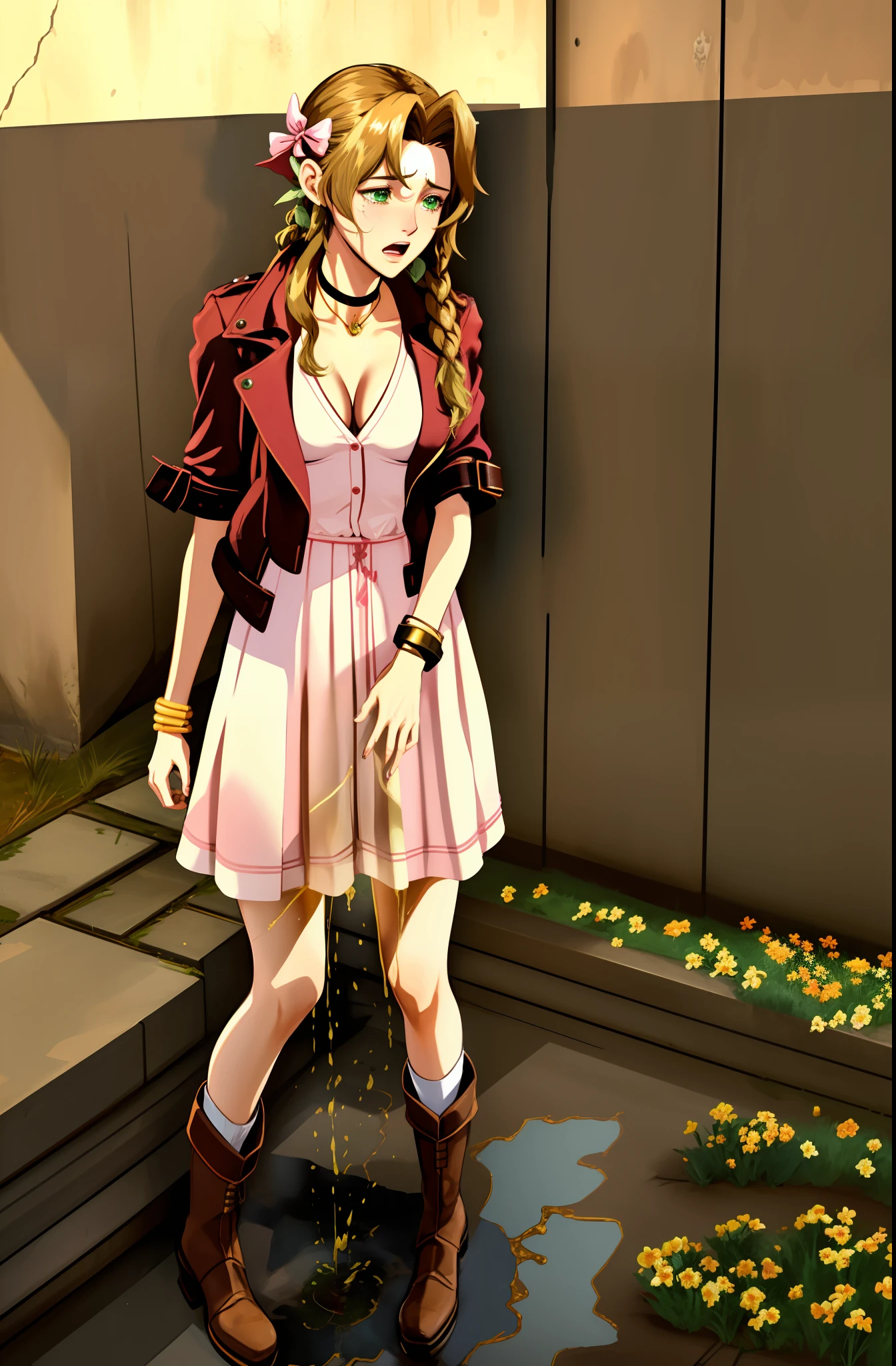 CG, perfect atwork, perfect female figure, Aerith Gainsboroug, holding small flower basket, peeing herself, peeing down her legs, green eyes, surrounded by other people, standing in very busy midgar city street, sunny, choker, cropped jacket, hair bow, bracelet, pink dress, brown ankle boots, looking down nervously, shy, embarrassed aroused and shocked, outdoors, standing legs crossed, a small puddle of her own urine is forming around her feet on the dry ground, very desperate to pee, peeing, wetting herself, urination, streaming tears, scared, despair, panicking, high detail, Realism, Hyperrealism, masterpiece, highres, UHD, anatomically correct, high quality, super detail, high details, best quality, highres, award winning, 8k, textured skin