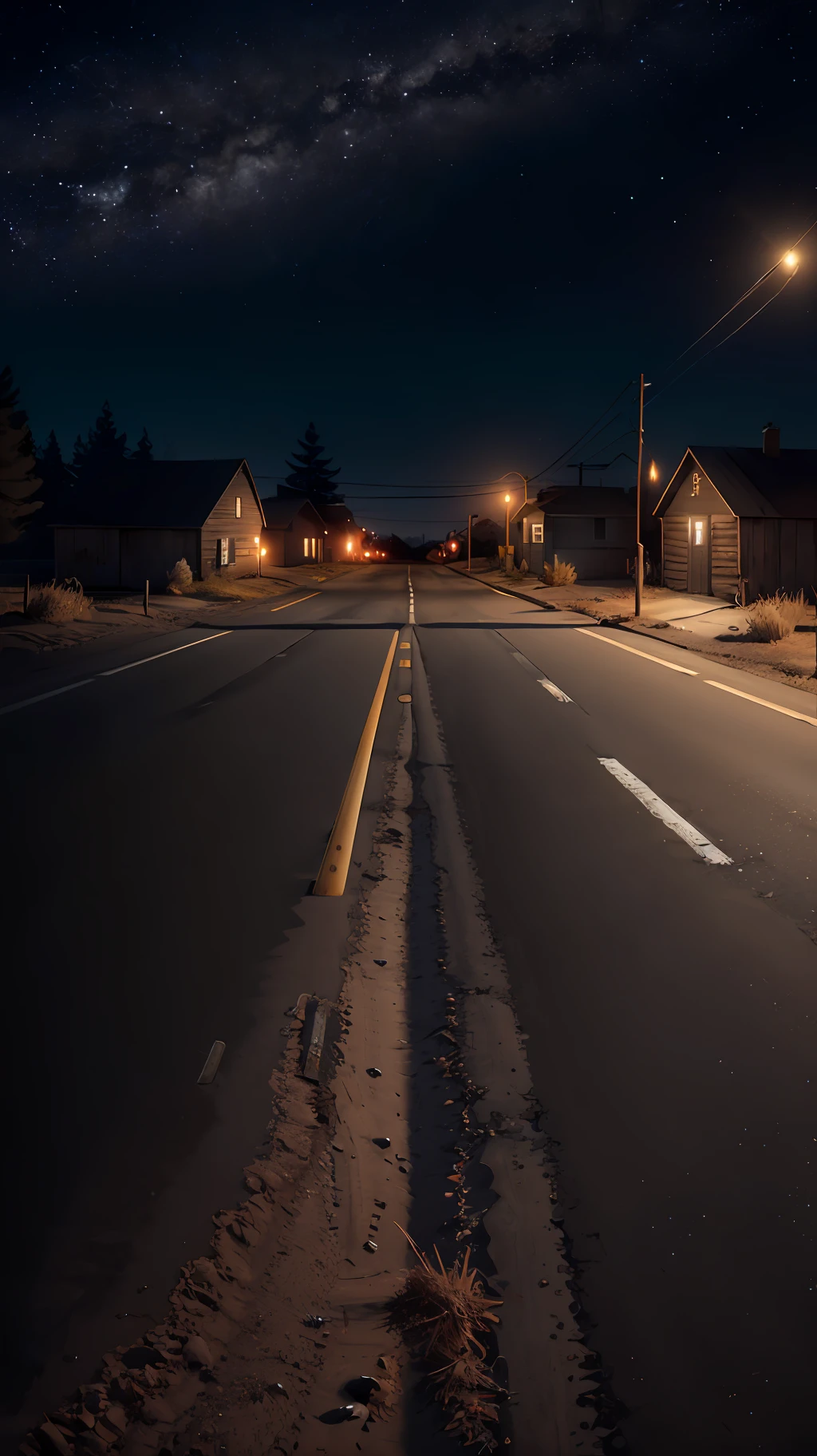 Rural dirt road, crossroads, empty street, a lit candle, night, 0h, cozy, little deluded, intricate, hyperdetailed, realistic, ultrarealistic, high quality, best, ultra detail, crazy detail, extremely detailed, photo realism, 8k uhd