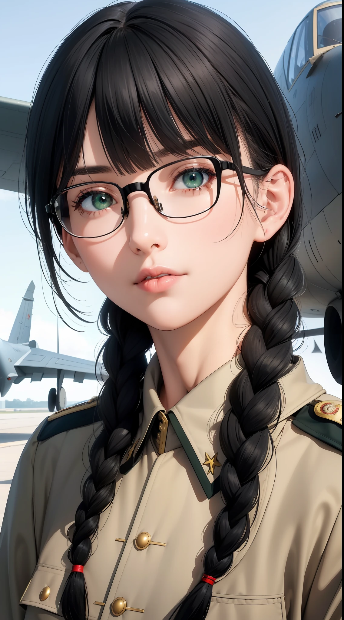 Modest outfit, remote shot, detailed beautiful delicate face, detailed beautiful delicate eyes, perfect facial proportions, high-definition skin, fine skin, four-inch best ratio. With one thumb, a masterpiece, highly detailed, realistic, (World War II German general uniform reference : 1.8), the highest face resolution, adult, modestly dressed woman, dressed entirely, ( small, black hair, black straight bangs, super fine braids, straight bangs, red glasses, dark green eyes), future, science fiction, fighter plane, standing On the landing of a fighter plane, the government agency, a deep intelligent personality, a calm expression, a respectful face, a war, a fighter plane