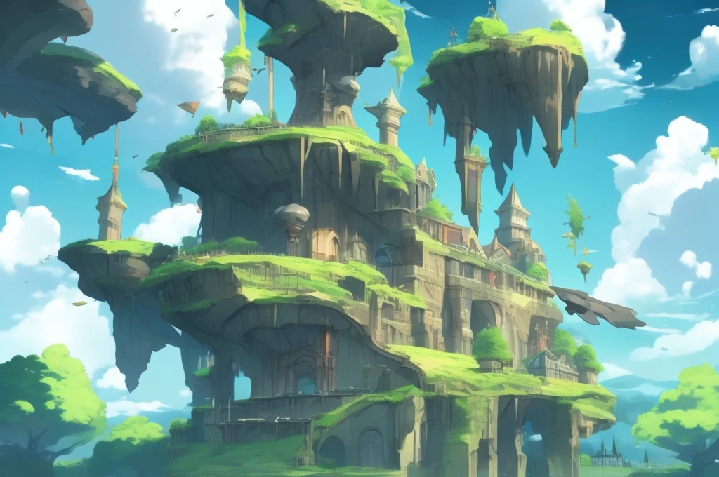 Fantastic flying castle, Ghibli style, scenery, outdoors, fantasy, clothesline, cloud, sky, day, floating island