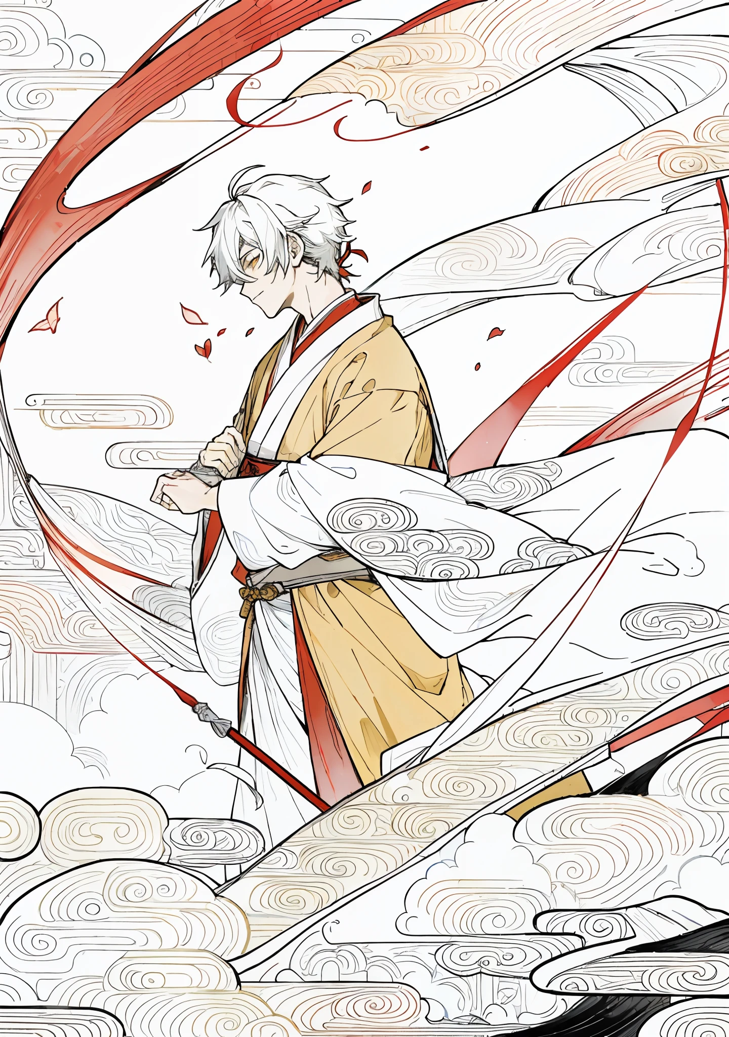 (masterpiece, best quality: 1.2), traditional Chinese ink painting, 2 brothers, jedi robe, meditating, using the force, 1 with red clothes, 1 with yellow clothes, starwars, eyes closed, temple, facing each other, jedi, preparing to battle, yaoi, kissing
