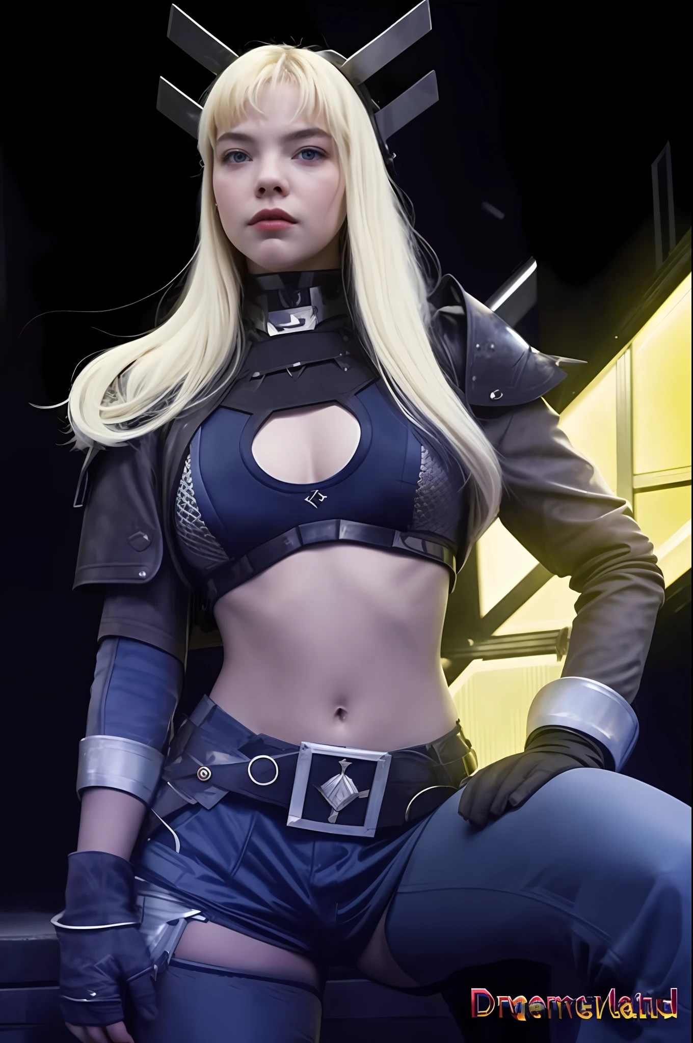 Anya Taylor-Joy, x-men magic, metallic armor, magic power sword, long blonde hair