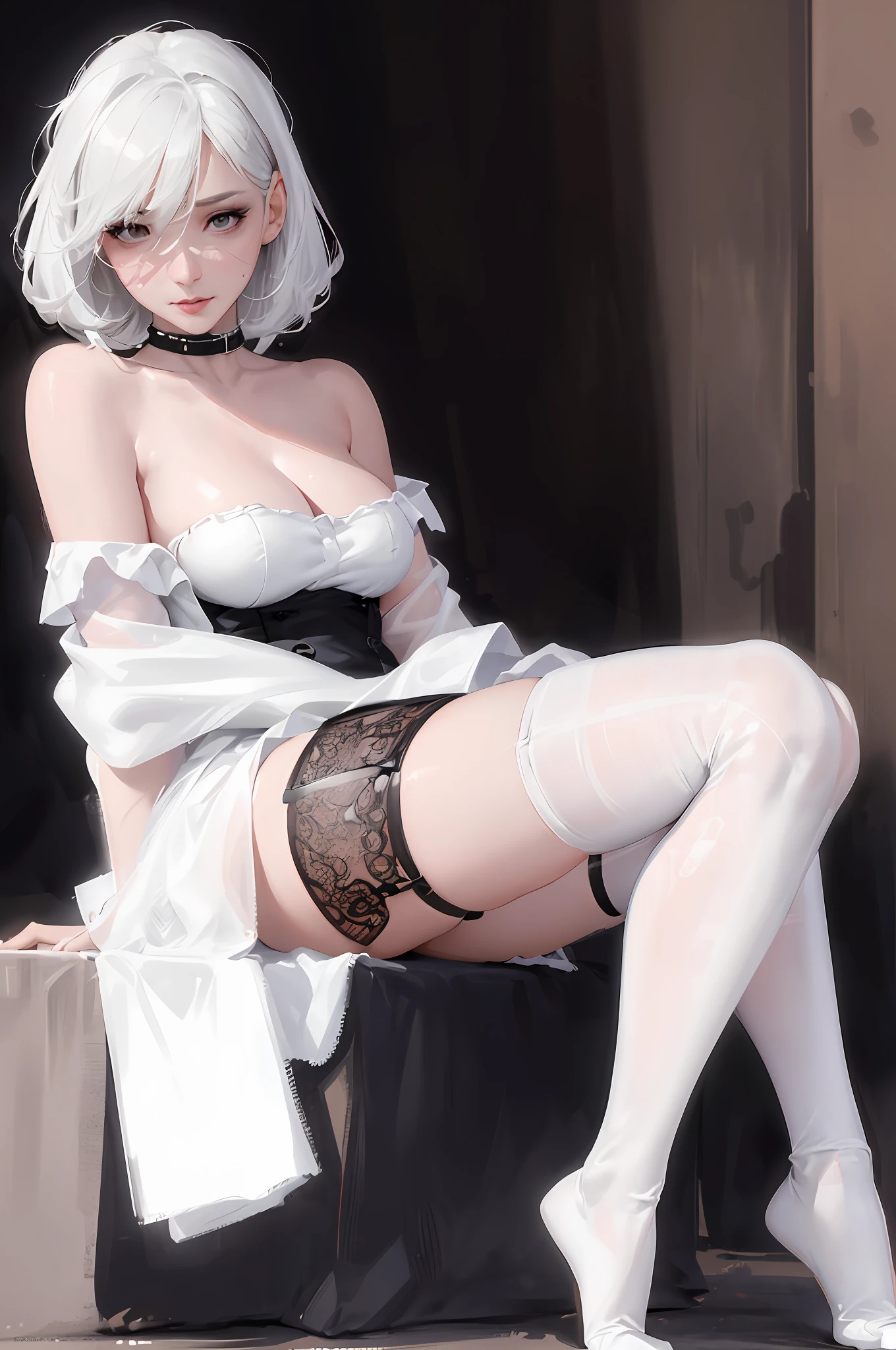 There is a woman in white lingerie and black stockings, 2B, 2B, off-the-shoulder woman in stockings, lace stockings, full length and black stockings, [ 4k photorealistic realism ] !!, realistic girl rendering, [ 4 k realism ] !!!, [ 4 k digital art ] !!, seductive, 8k high quality detail art, seductive