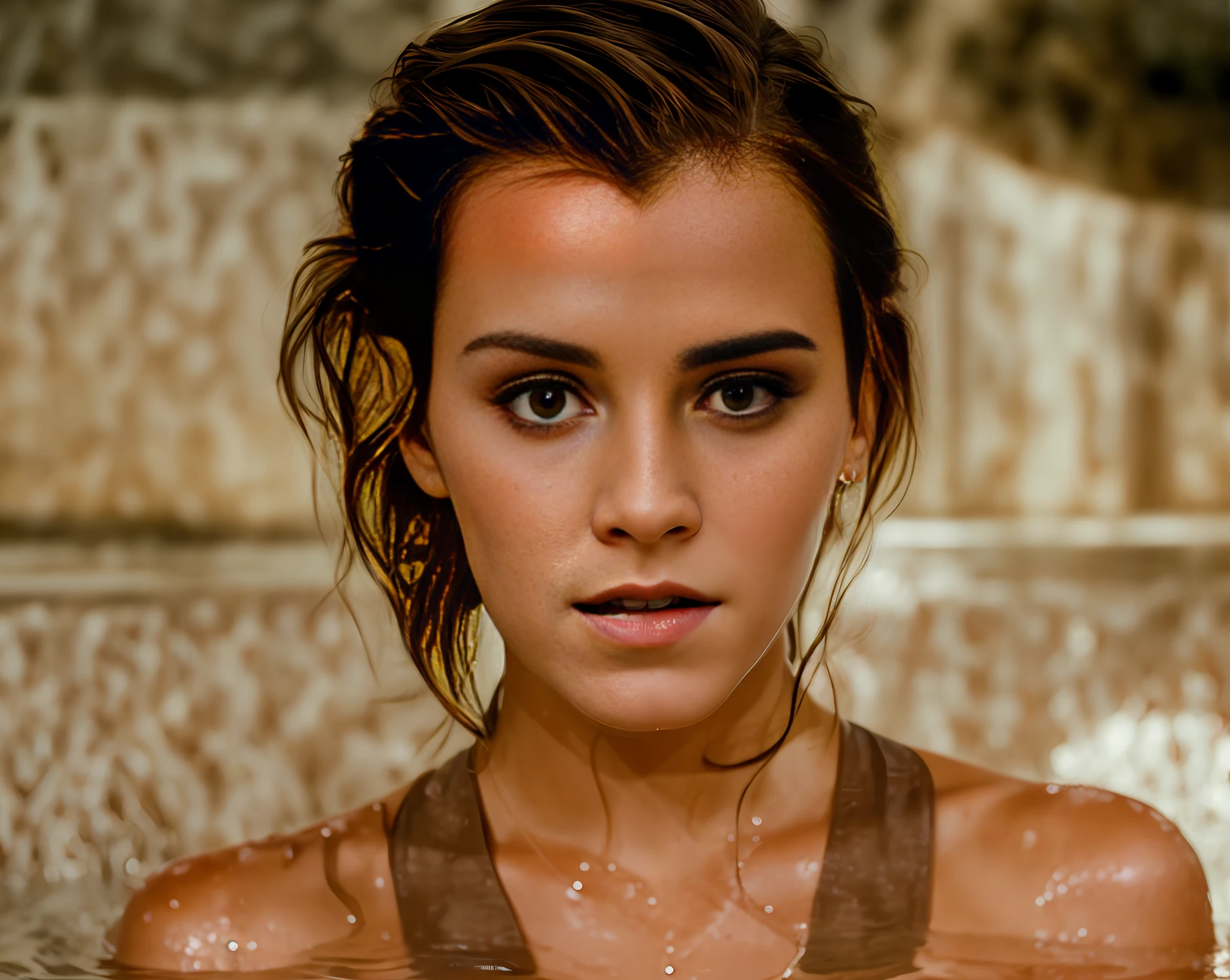 emma watson, twilight natural lighting, wet hair, slicked back wet hair, sweaty face, eye shadow, red dress straps