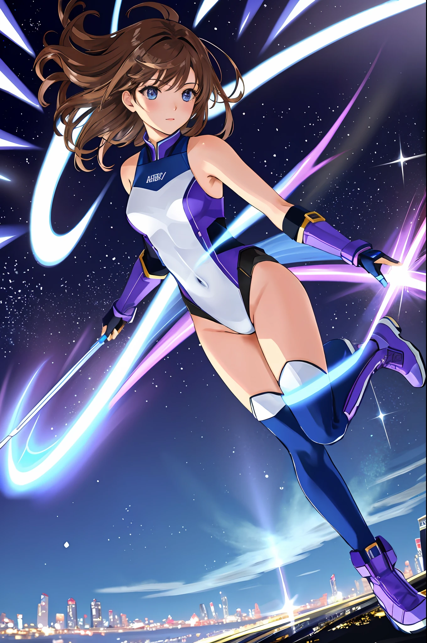 masterpiece, best quality, highres, 1girl, solo, superhero, leotard, bare legs, boots, matching boots, aura, blue aura, sleeveless, gloves, bracelets, matching gloves, looking at viewer, light particles, city backdrop, perfect hands, perfect eyes, powering up, perfect leotard, perfect legs, perfect arms, perfect fingers, light blue and dark purple leotard, brown hair, hazel eyes,