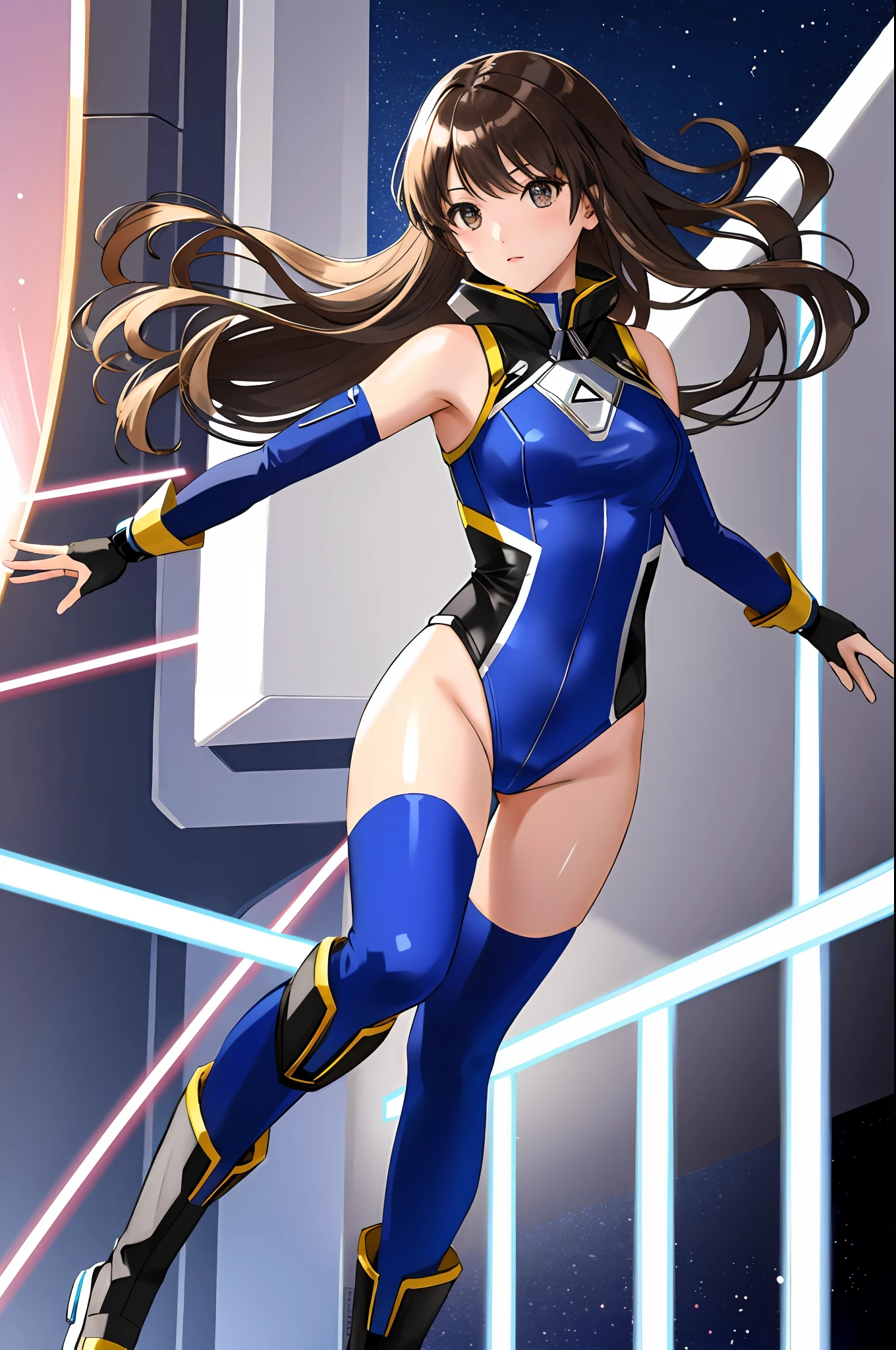 masterpiece, best quality, highres, 1girl, solo, superhero, leotard, bare legs, boots, matching boots, aura, blue aura, sleeveless, gloves, bracelets, matching gloves, looking at viewer, light particles, city backdrop, perfect hands, perfect eyes, powering up, perfect leotard, perfect legs, perfect arms, perfect fingers, black and white leotard, brunette hair, brown eyes,
