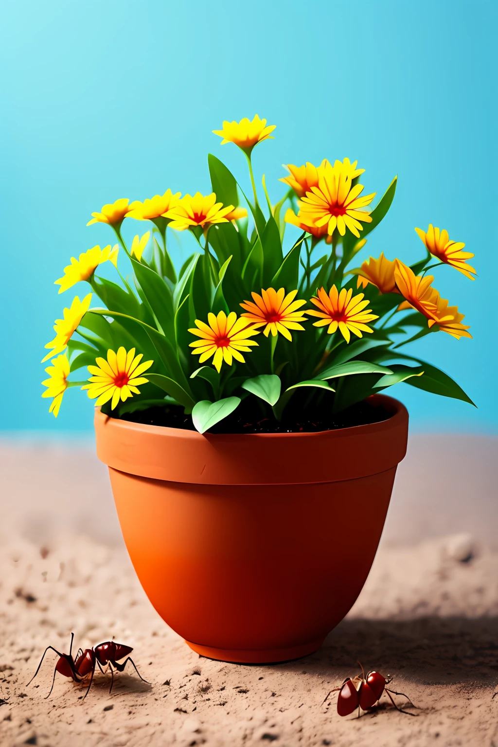 Clay flower pot, colorful flowers, background blank, lots of details, ants, high quality, 8k