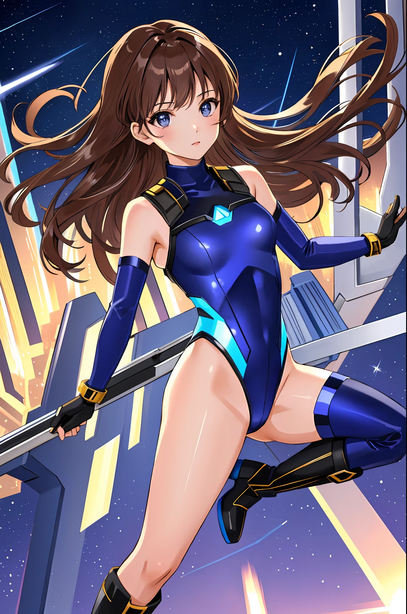 masterpiece, best quality, highres, 1girl, solo, superhero, leotard, bare legs, boots, matching boots, aura, blue aura, sleeveless, gloves, bracelets, matching gloves, looking at viewer, light particles, city backdrop, perfect hands, perfect eyes, powering up, perfect leotard, perfect legs, perfect arms, perfect fingers, light blue and dark purple leotard, brown hair, hazel eyes,