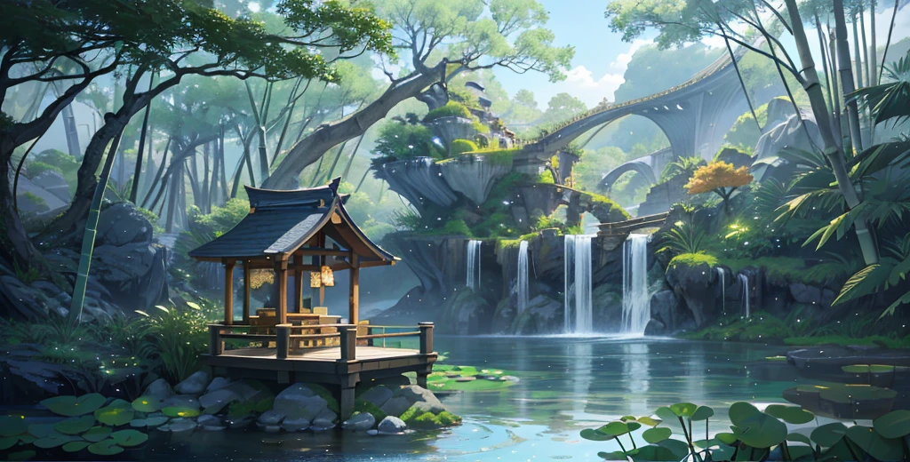 floating island, (midnight), bamboo, lake, stone bridge, arch, corner, rockery, tree, flowing water, landscape, outdoors, waterfall, meadow, rock, water lily, steam, lotus, hot spring, water vapor, epic composition, realistic lighting, HD details, masterpiece, best quality, (very detailed CG unified 8k wallpaper)