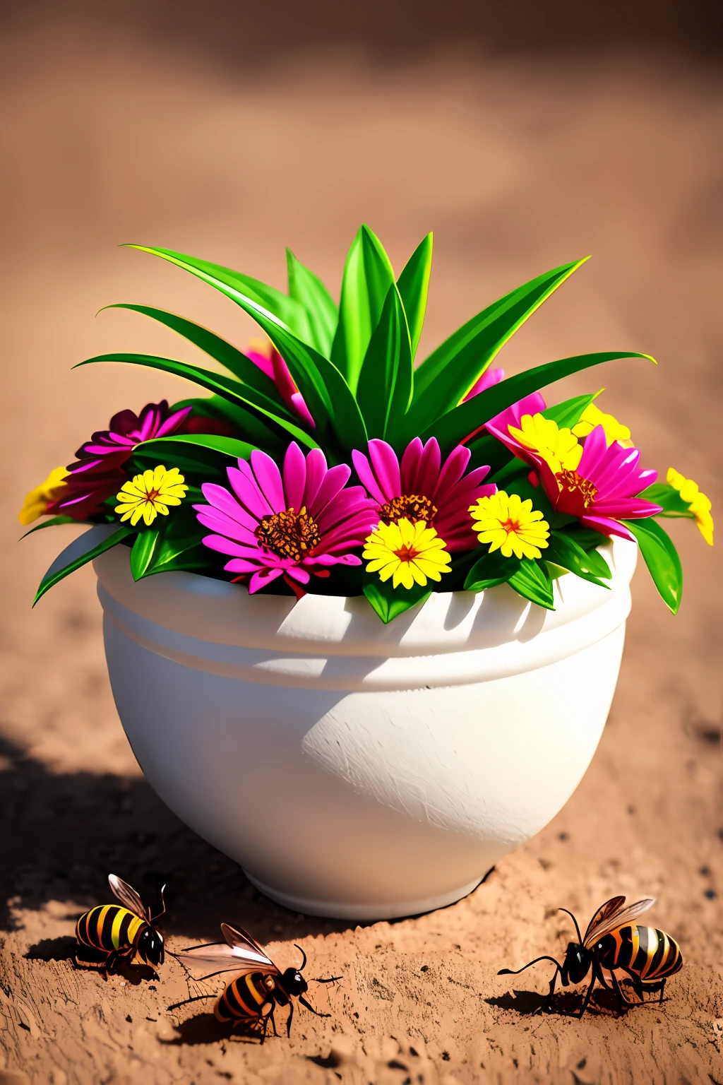 Clay flowerpot, colorful flowers, background blank, lots of details, bee, ants, high quality, 8k,