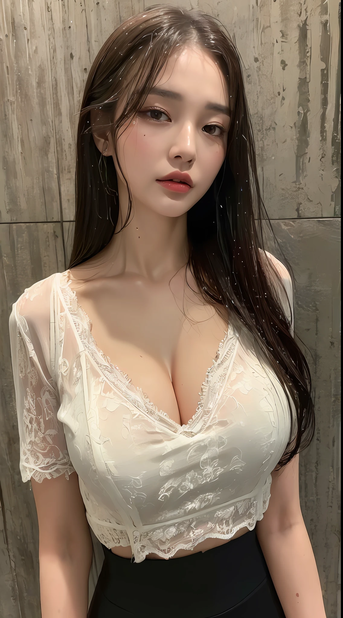 ((Best quality, 8k, Masterpiece :1.3)), pretty woman, 1girl, huge :1.3, (abs, slender figure :1.1), dark brown hair, (wet from rain, wet body, wet lace blouse:1.1), lean against wall, ultra-detailed face, detailed lips, detailed eyes, double eyelid