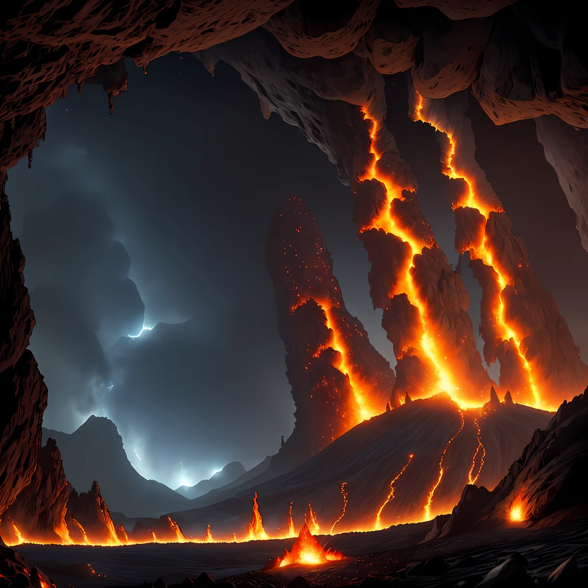 (Small fire sprites spawning in large numbers from lava)=1.9, column of lava erupting powerfully into the sky in the foreground inside a deep mysterious cave containing archaeological secrets, dark atmosphere, atmospheric lighting, cinematic lighting, best angle, ultra-detailed, intricate, dynamic angle, masterpiece
