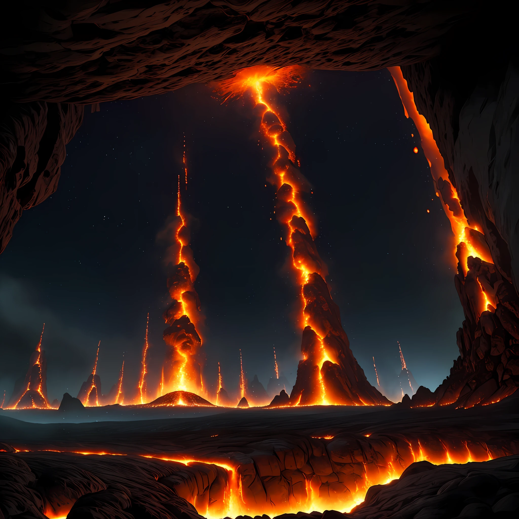 (Small fire sprites spawning in large numbers from lava)=1.9, column of lava erupting powerfully into the sky in the foreground inside a deep mysterious cave containing archaeological secrets, dark atmosphere, atmospheric lighting, cinematic lighting, best angle, ultra-detailed, intricate, dynamic angle, masterpiece