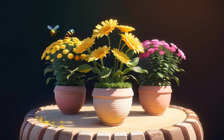 1:1, large clay flower pot, colorful flowers, background blank, many details, small bee, many ants, high quality, 8k