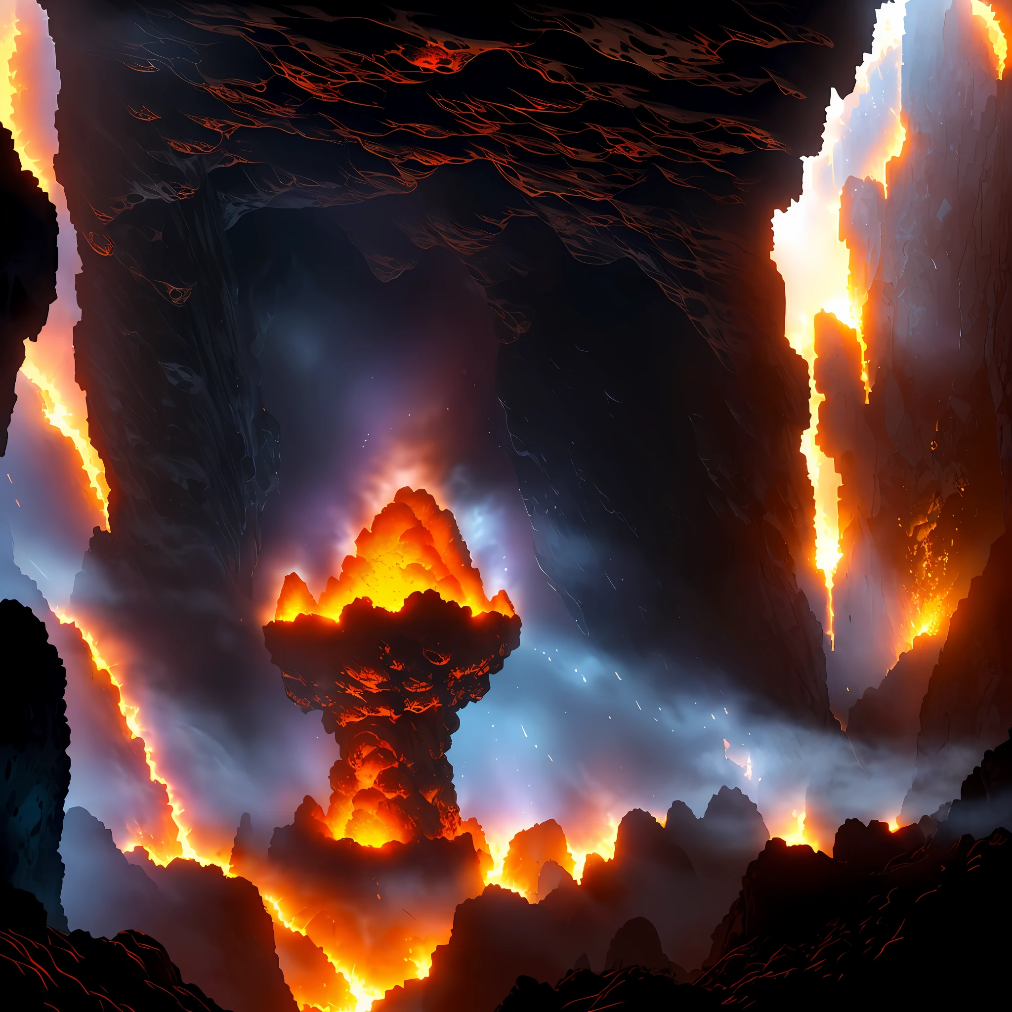 Small fire sprites spewing out of a column of lava erupting powerfully into the sky in the foreground inside a deep mysterious cave containing archaeological secrets, dark atmosphere, atmospheric lighting, cinematic lighting, best angle, ultra-detailed, intricate, wide angle, masterpiece