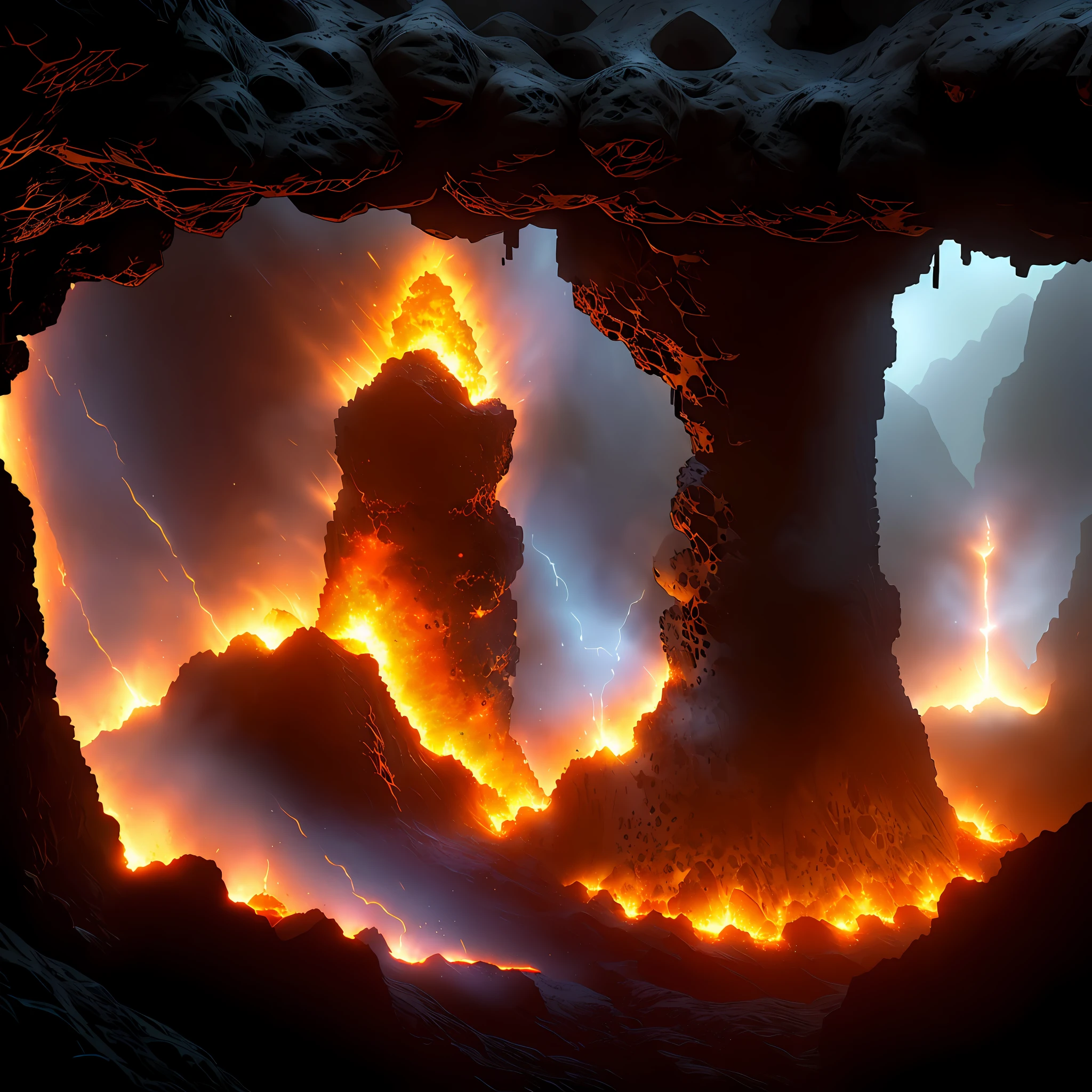 Small fire sprites spewing out of a column of lava erupting powerfully into the sky in the foreground inside a deep mysterious cave containing archaeological secrets, dark atmosphere, atmospheric lighting, cinematic lighting, best angle, ultra-detailed, intricate, angle from side, masterpiece