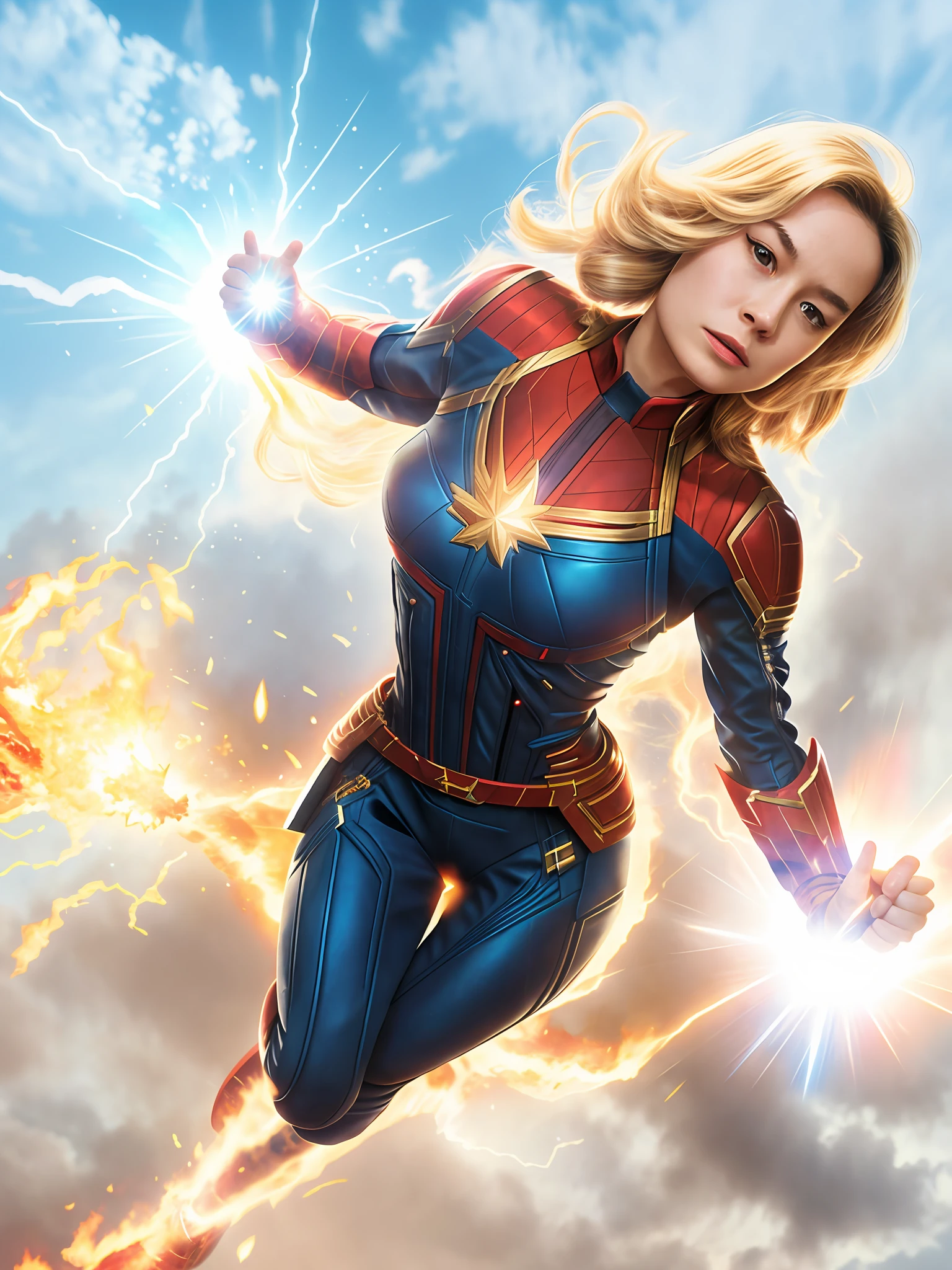 Brie Larson, Captain Marvel, flaming eyes, powers in hand.