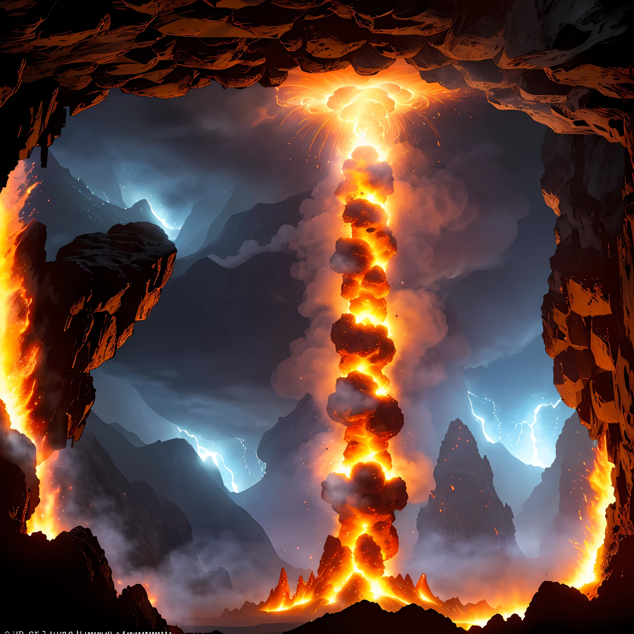 (Small fire sprites spawning in large numbers from lava)=1.9, column of lava erupting powerfully into the sky in the foreground inside a deep mysterious cave containing archaeological secrets, dark atmosphere, atmospheric lighting, cinematic lighting, best angle, ultra-detailed, intricate, dynamic angle, masterpiece