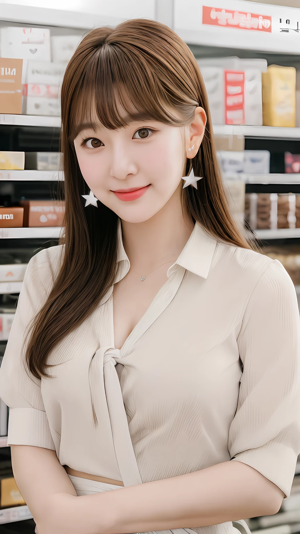 realistic photos of (1 cute Korean star) slightly smile, clear face, medium breasts size, waist tie shirt, in the store, brown hair, parted bangs, hairclip, heart earrings, hatching (texture), overexposure, Fujifilm, god rays, UHD, super detail, textured skin, highres, 16k, 8k